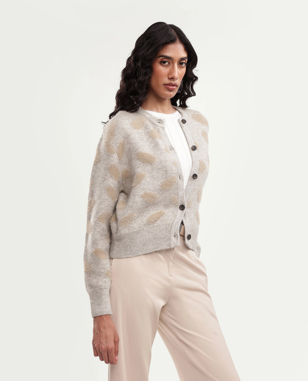 Rareism Women's Lezer Light Beige Nylon Blend Crew Neck Regular Polka Print Cardigan