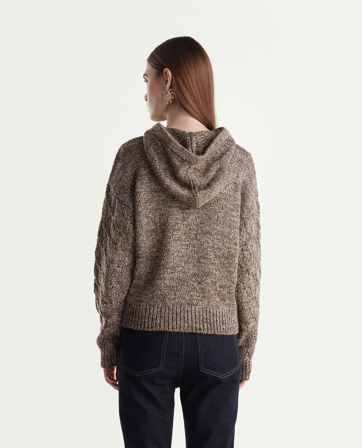 Rareism Women's Lisha Dark Brown Acrylic Blend Hooded Relaxed Plain Sweater