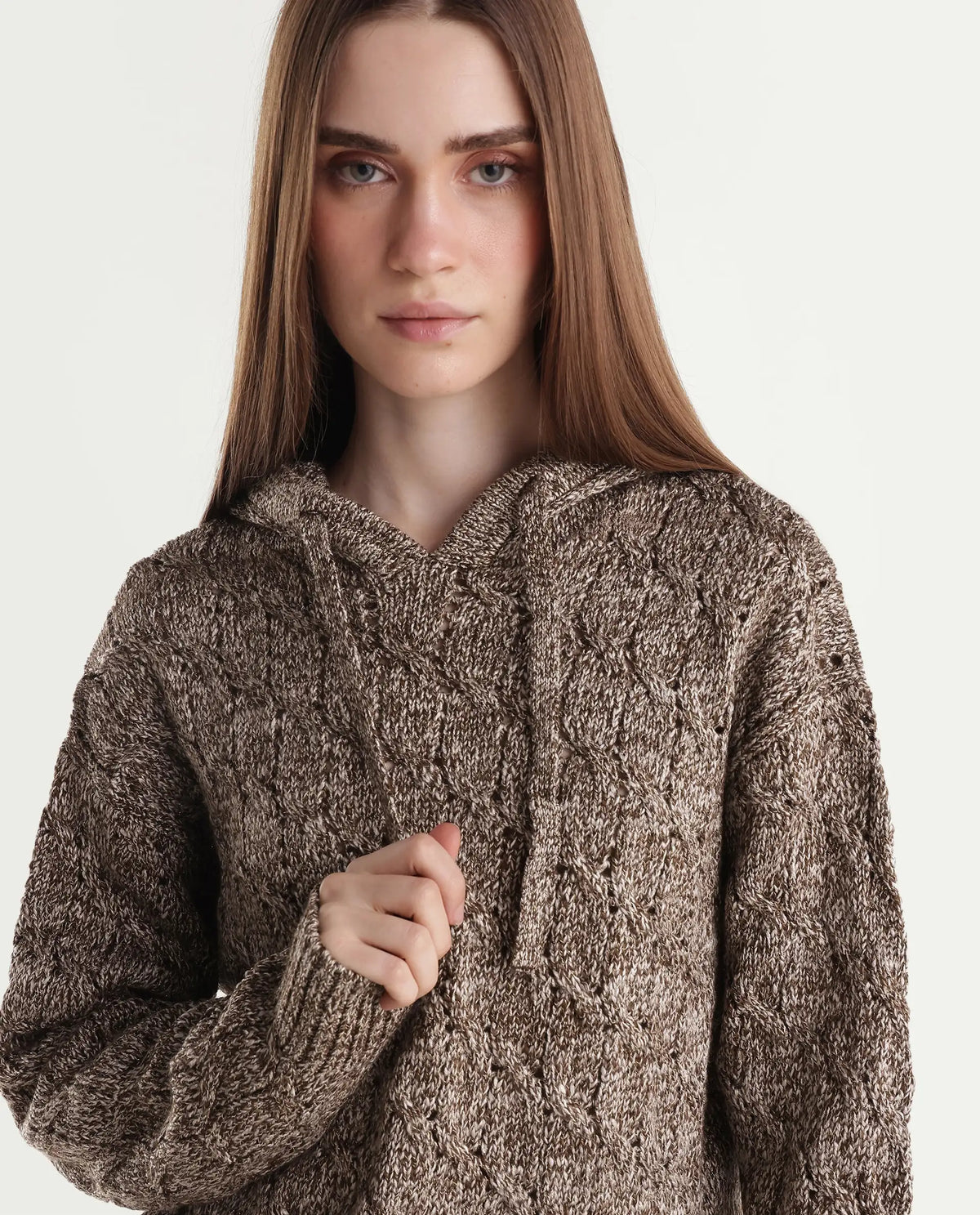 Rareism Women's Lisha Dark Brown Acrylic Blend Hooded Relaxed Plain Sweater