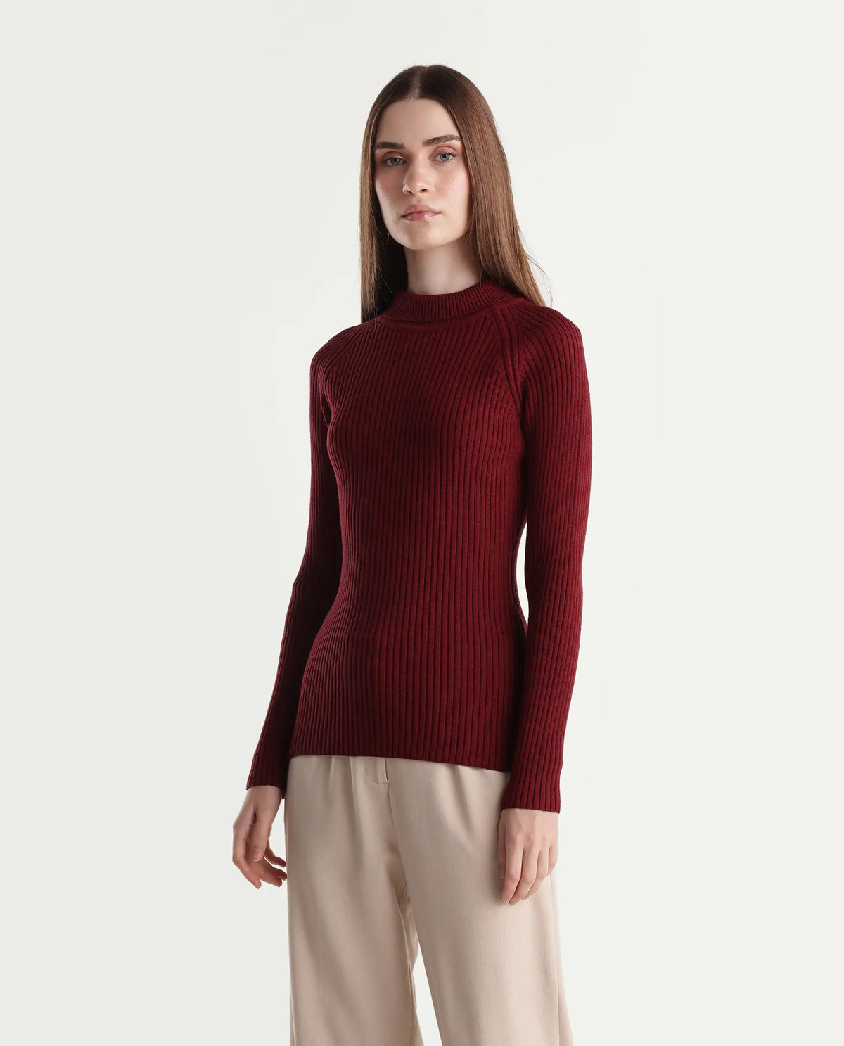 Rareism Women's Lonte Dark Red Viscose Blend Pull-On Slim Fit Sweater