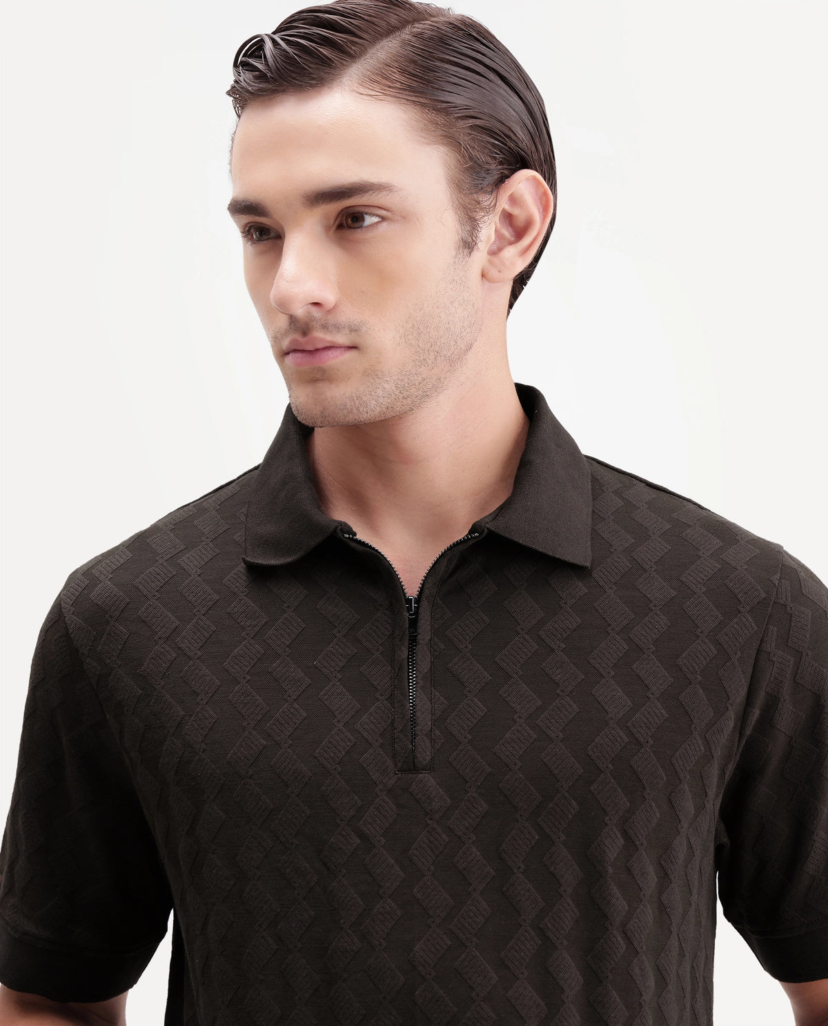 Rare Rabbit Men's Drack Dark Brown Cotton Blend Spread Collar Regular Jacquard Polo