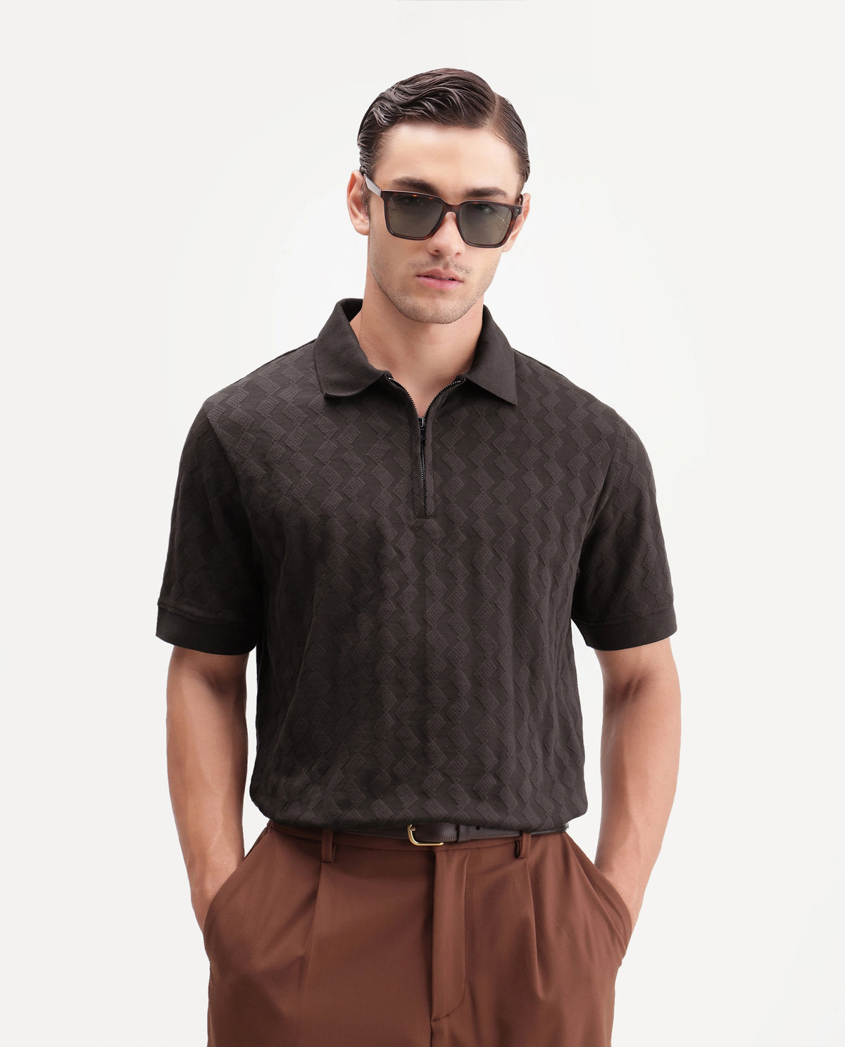 Rare Rabbit Men's Drack Dark Brown Cotton Blend Spread Collar Regular Jacquard Polo