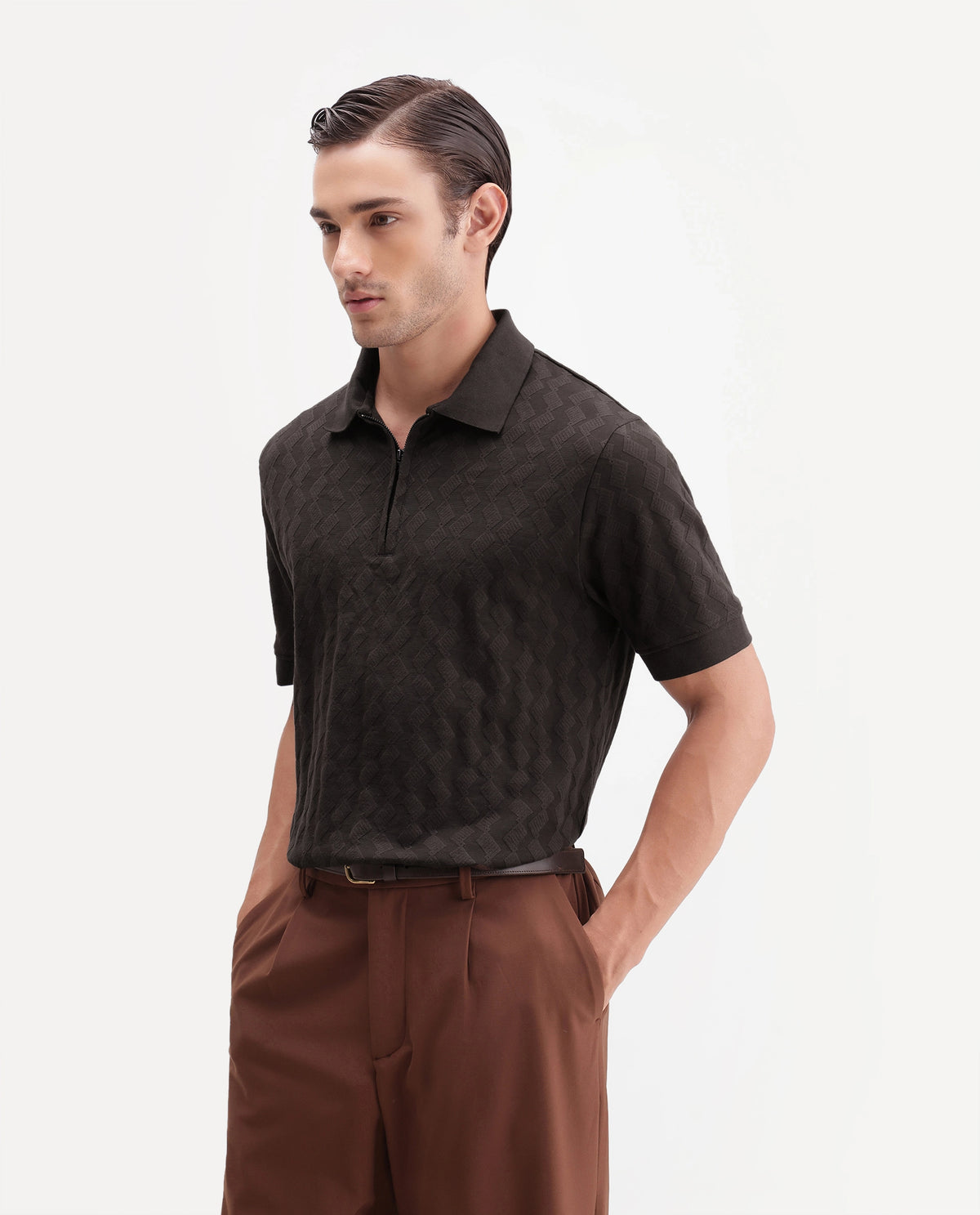 Rare Rabbit Men's Drack Dark Brown Cotton Blend Spread Collar Regular Jacquard Polo