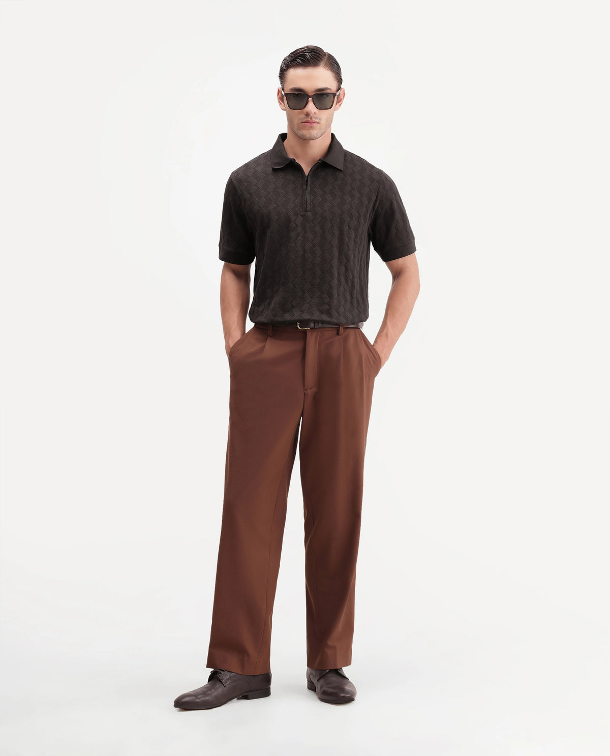 Rare Rabbit Men's Drack Dark Brown Cotton Blend Spread Collar Regular Jacquard Polo