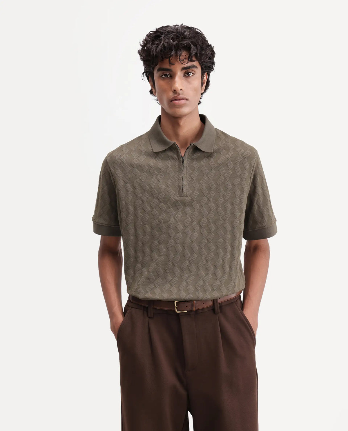 Rare Rabbit Men's Drack Dark Green Cotton Blend Spread Collar Regular Jacquard Polo