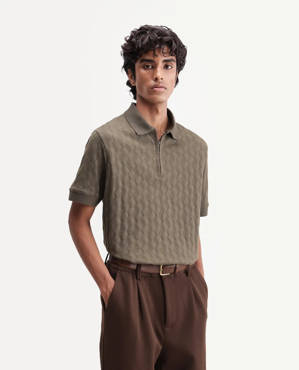 Rare Rabbit Men's Drack Dark Green Cotton Blend Spread Collar Regular Jacquard Polo