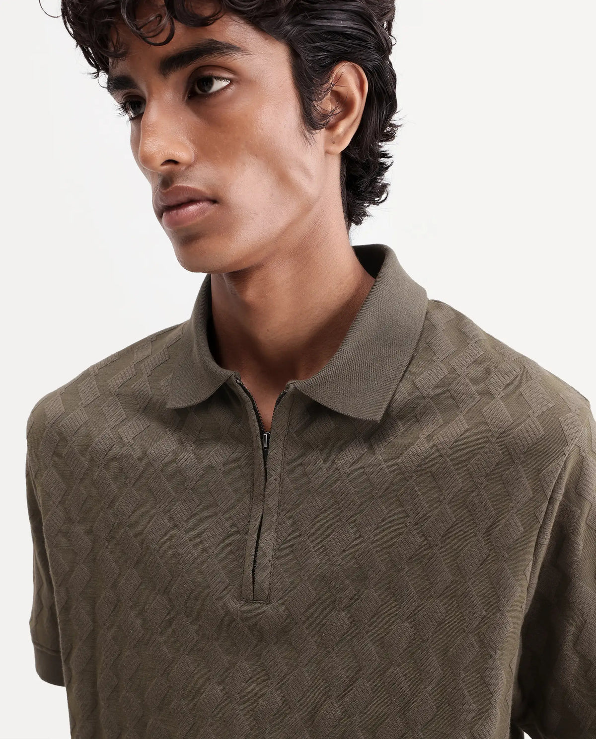 Rare Rabbit Men's Drack Dark Green Cotton Blend Spread Collar Regular Jacquard Polo