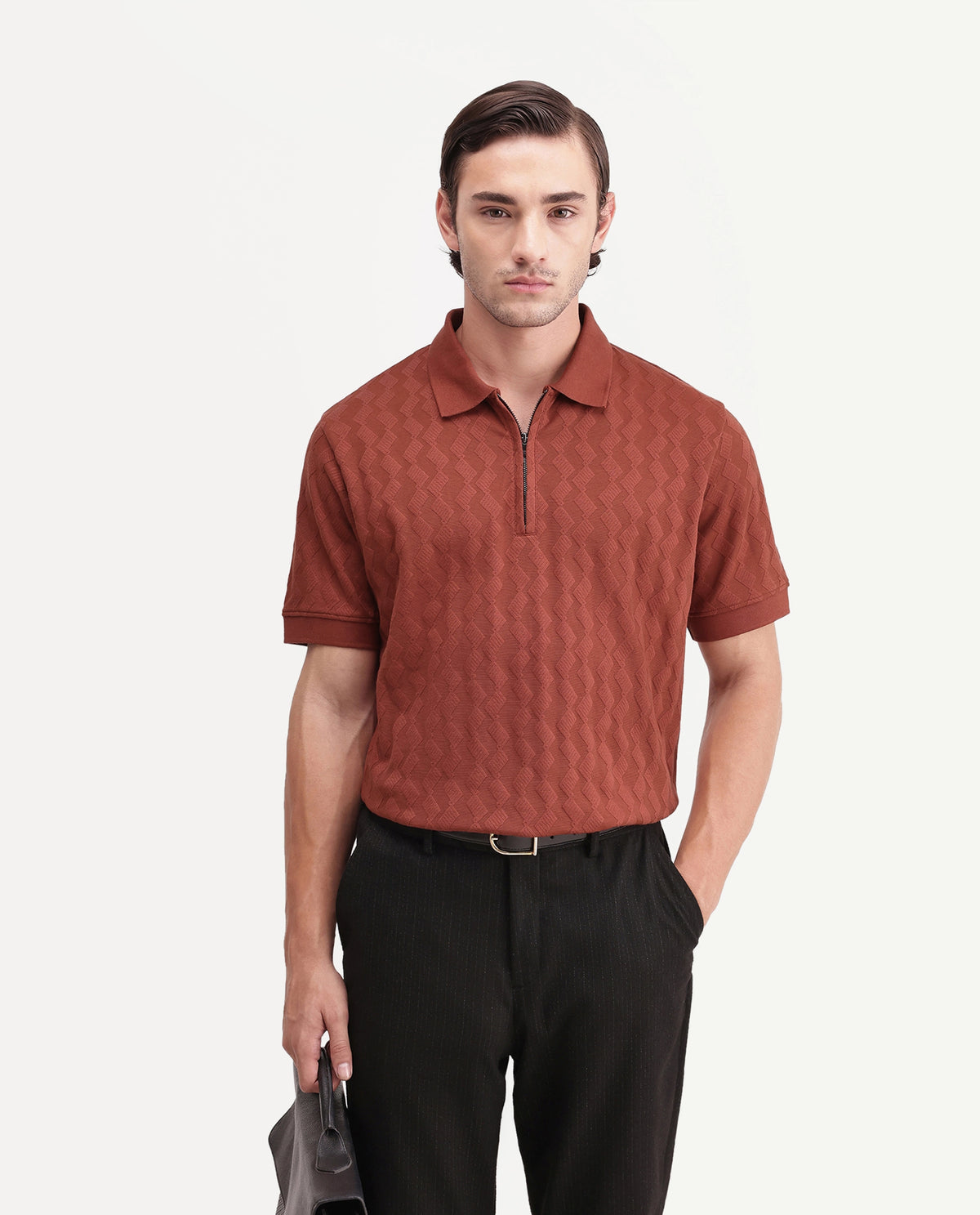 Rare Rabbit Men's Drack Rust Cotton Blend Spread Collar Regular Jacquard Polo