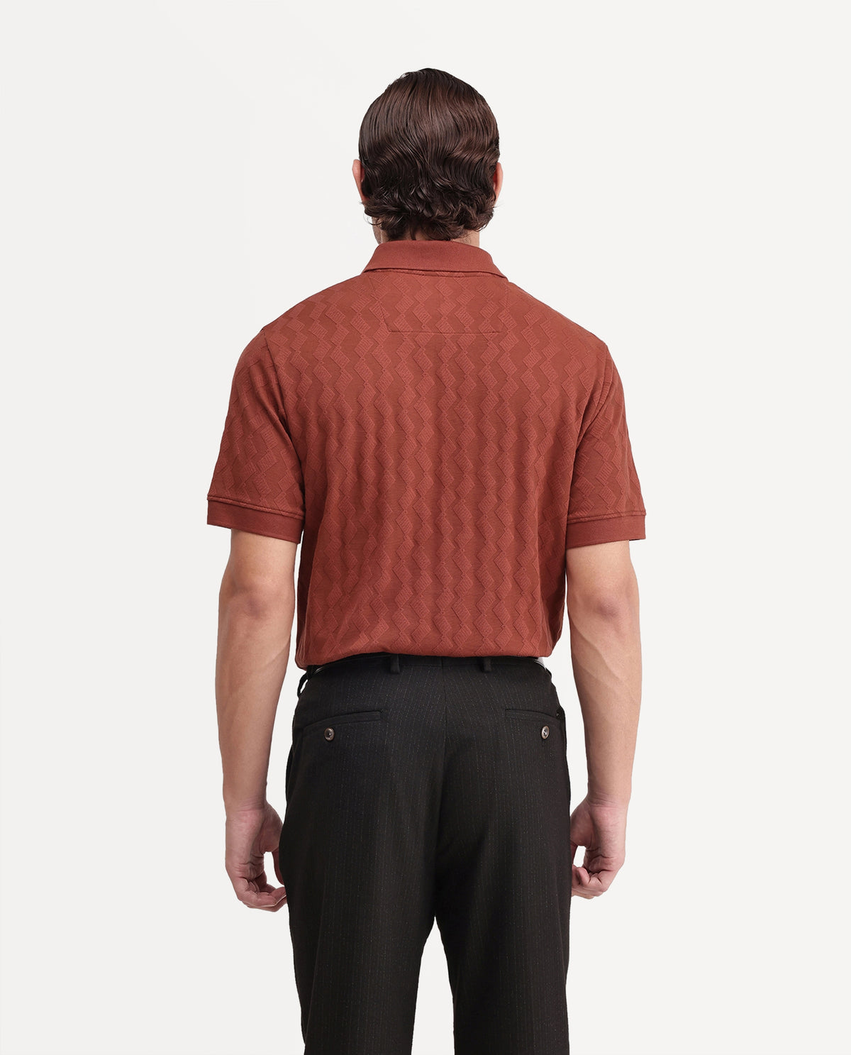 Rare Rabbit Men's Drack Rust Cotton Blend Spread Collar Regular Jacquard Polo