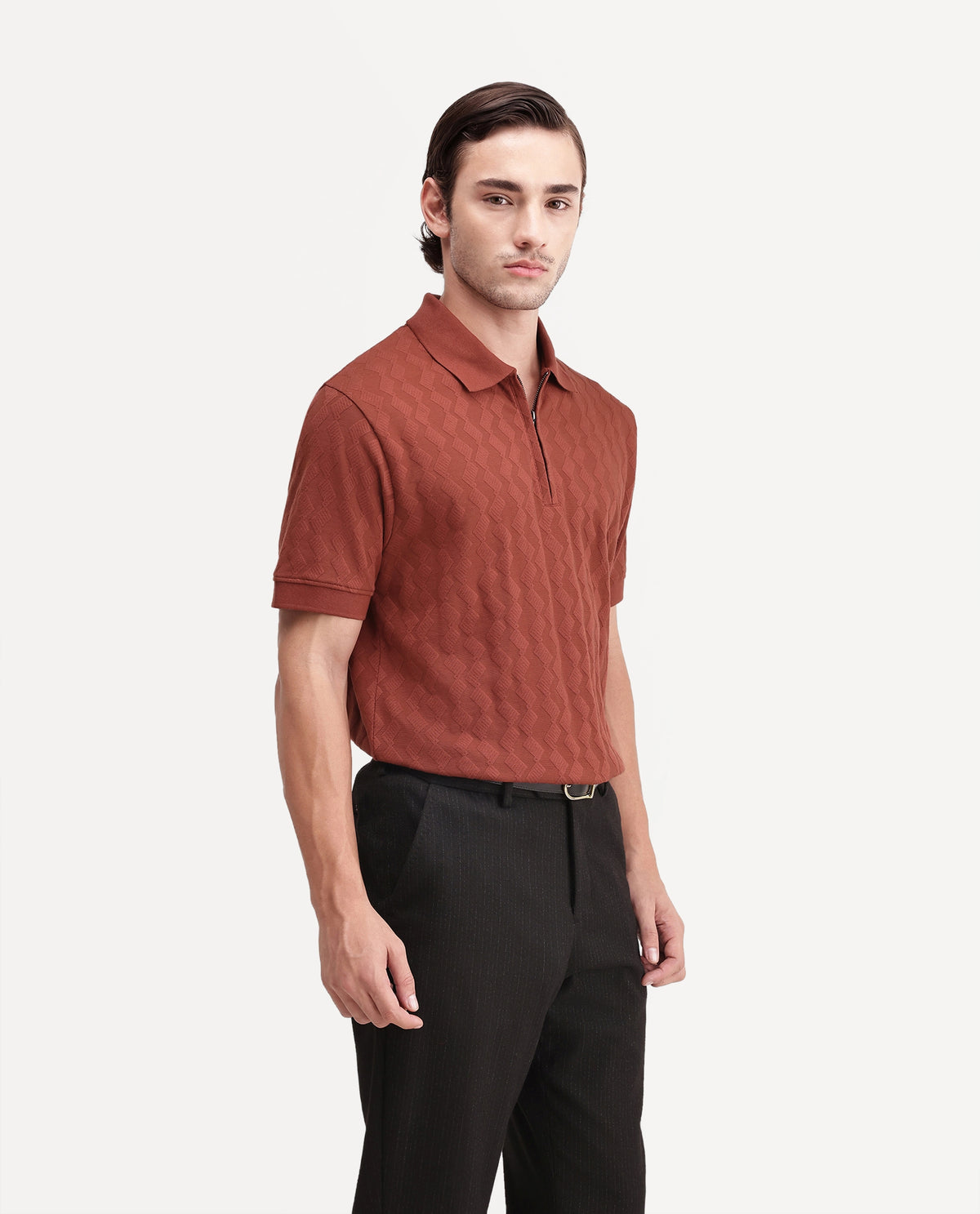 Rare Rabbit Men's Drack Rust Cotton Blend Spread Collar Regular Jacquard Polo