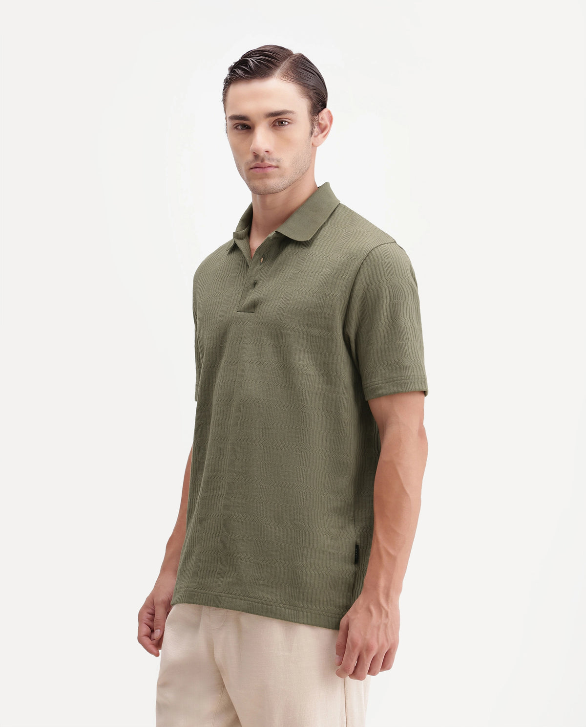 Rare Rabbit Mens Jacks Dusky Green Cotton Blend Spread Collar Button Regular Jacquard Polo