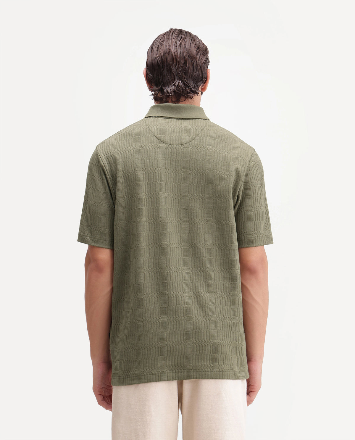 Rare Rabbit Mens Jacks Dusky Green Cotton Blend Spread Collar Button Regular Jacquard Polo