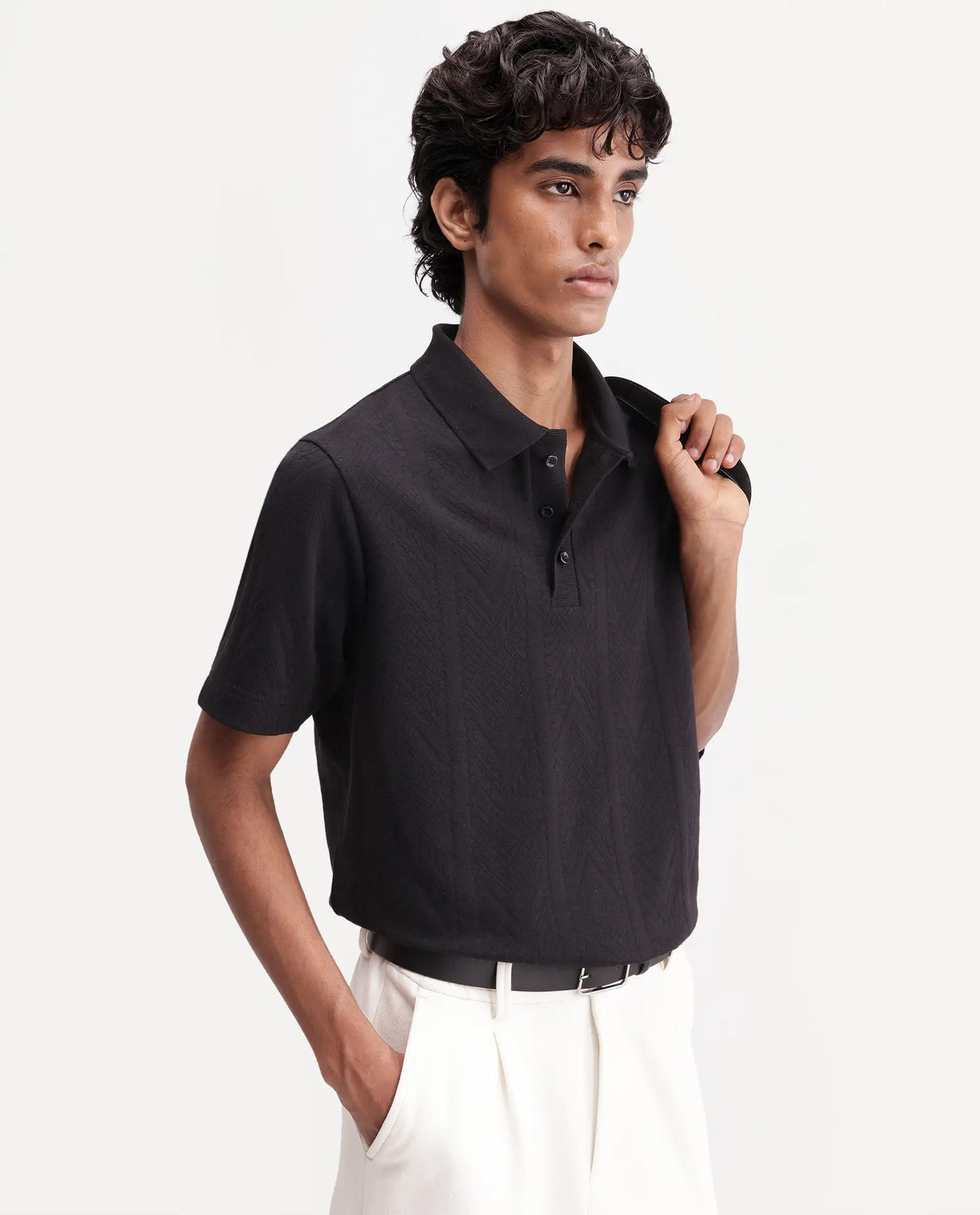 Rare Rabbit Men's Stike Black Cotton Blend Spread Collar Regular Jacquard Polo
