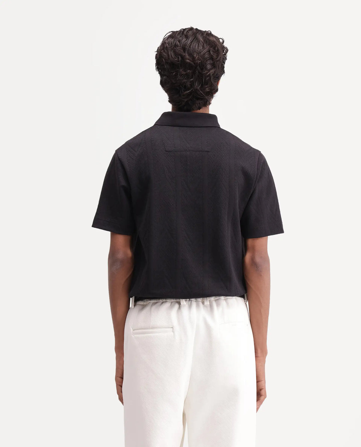 Rare Rabbit Men's Stike Black Cotton Blend Spread Collar Regular Jacquard Polo