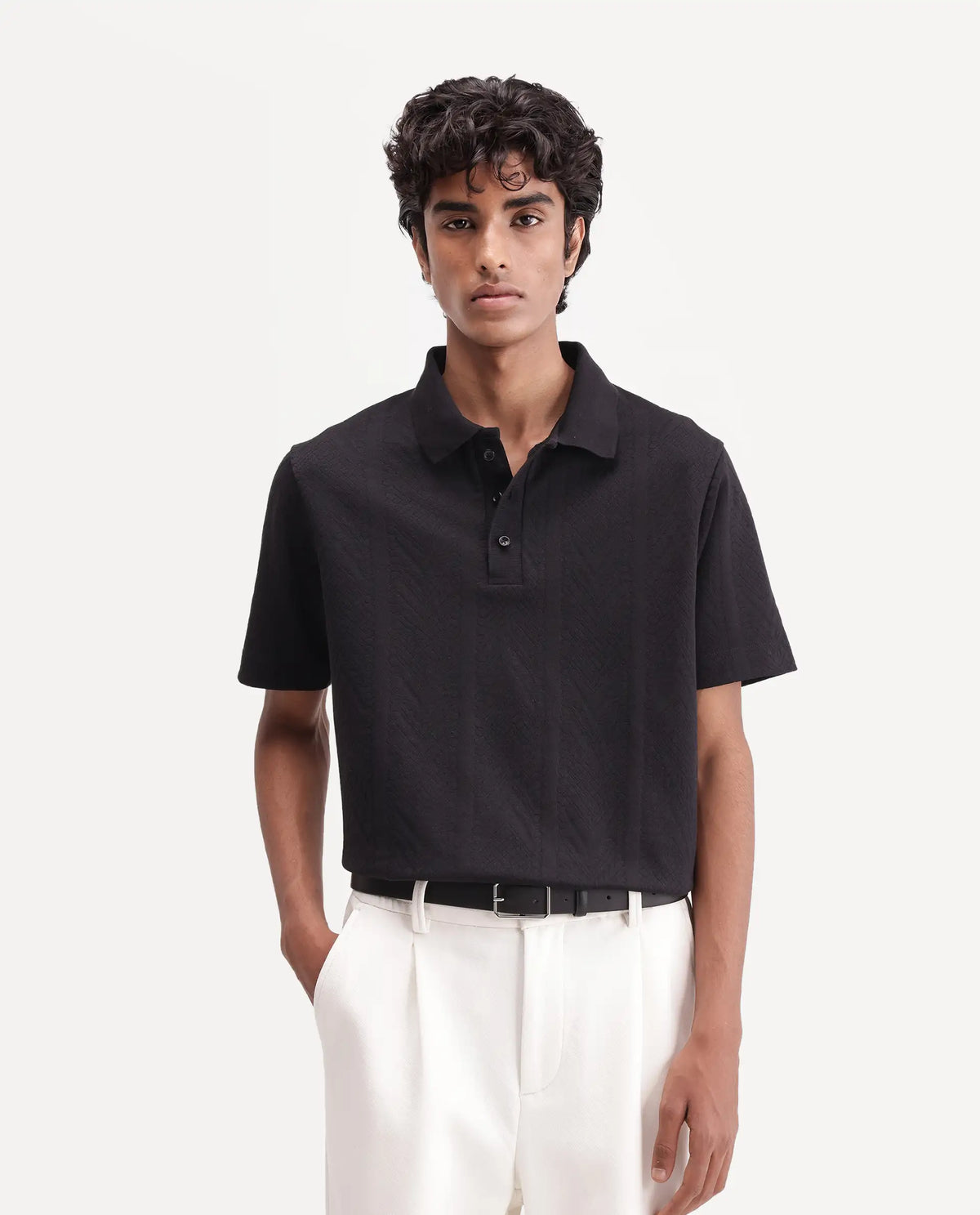 Rare Rabbit Men's Stike Black Cotton Blend Spread Collar Regular Jacquard Polo