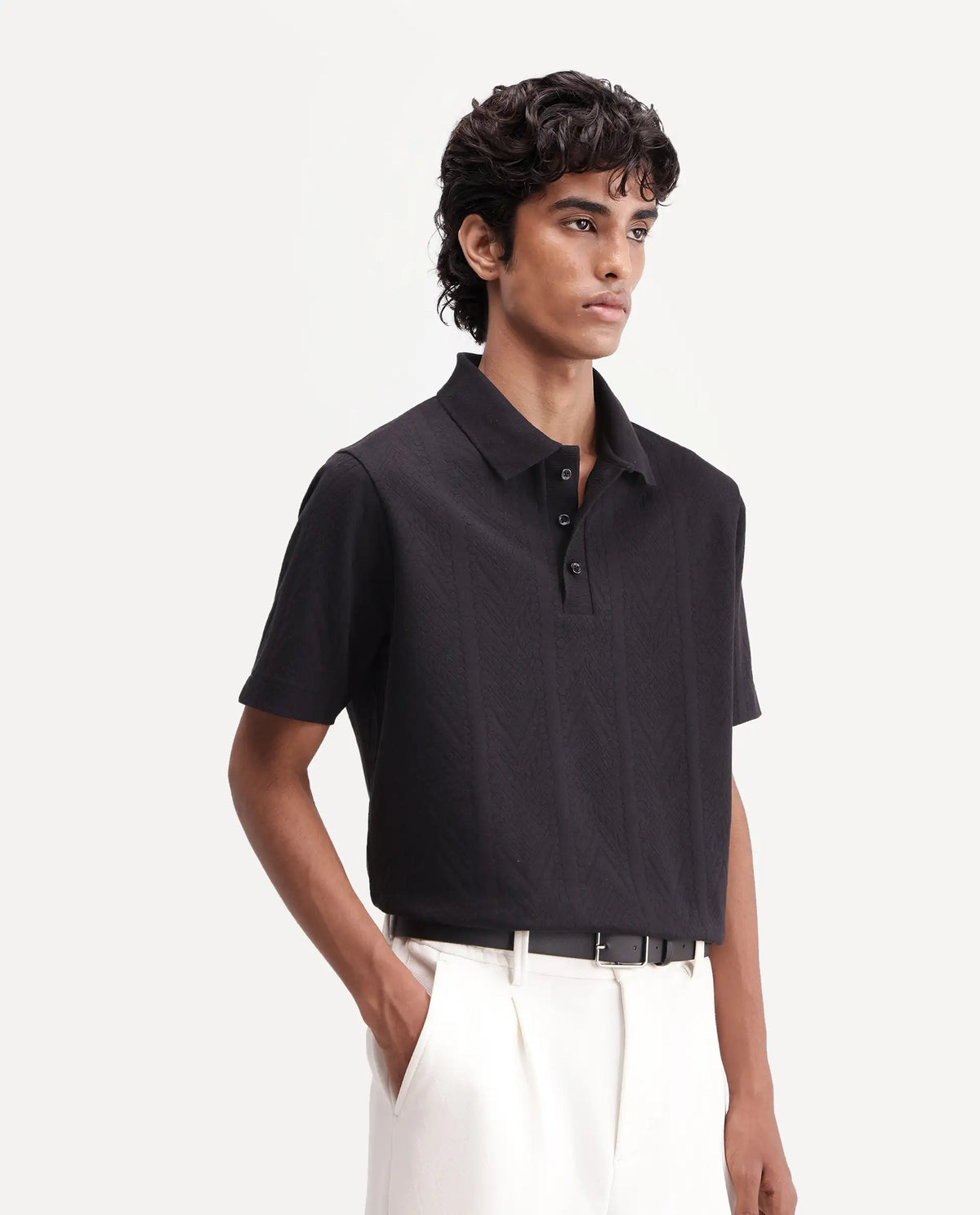 Rare Rabbit Men's Stike Black Cotton Blend Spread Collar Regular Jacquard Polo