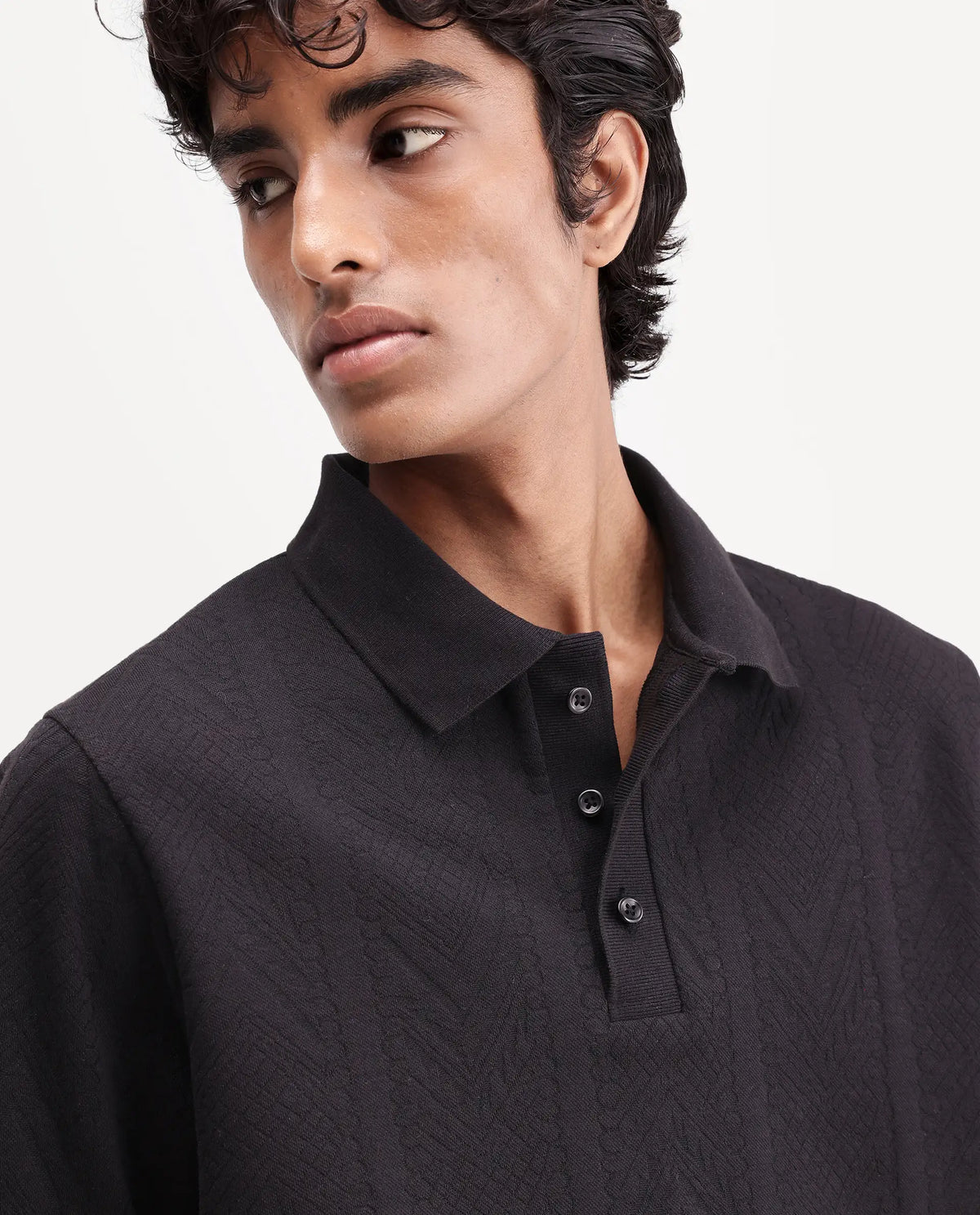 Rare Rabbit Men's Stike Black Cotton Blend Spread Collar Regular Jacquard Polo