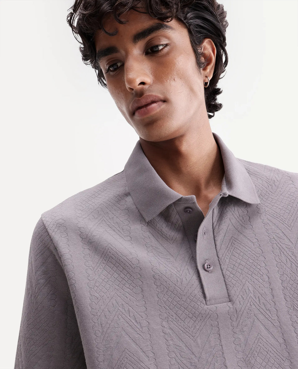 Rare Rabbit Men's Stike Light Grey Cotton Blend Spread Collar Regular Jacquard Polo