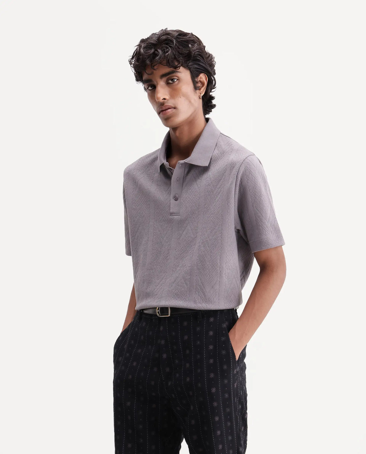 Rare Rabbit Men's Stike Light Grey Cotton Blend Spread Collar Regular Jacquard Polo