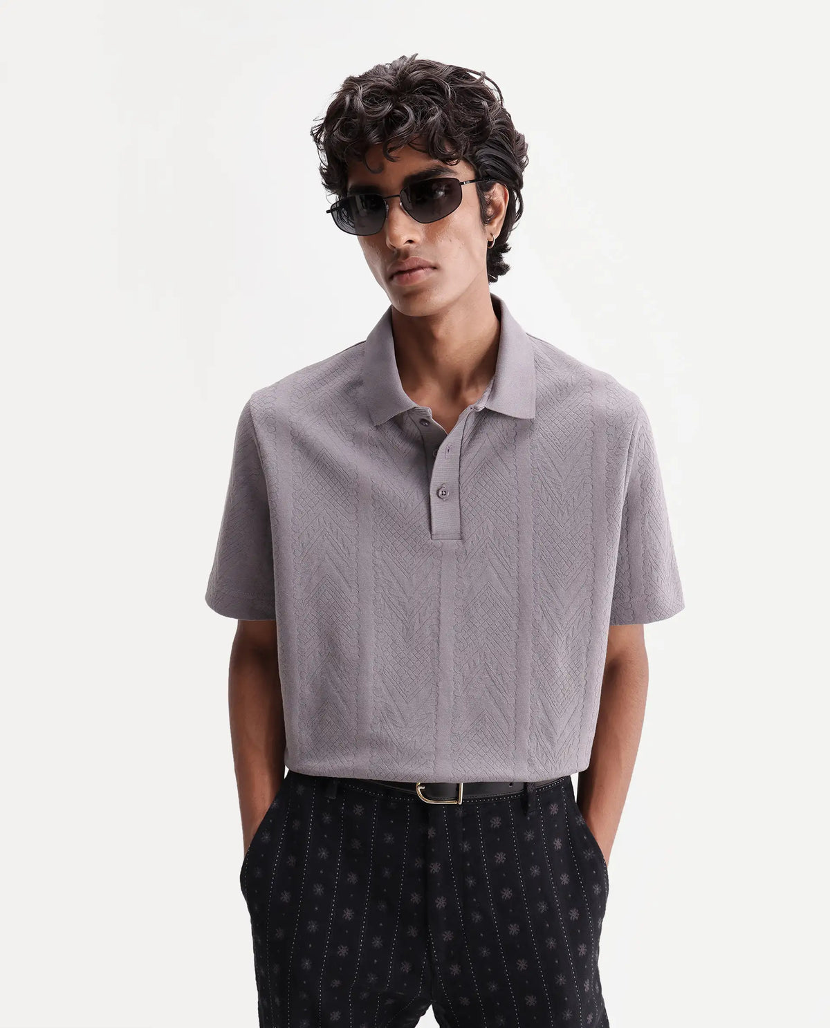 Rare Rabbit Men's Stike Light Grey Cotton Blend Spread Collar Regular Jacquard Polo