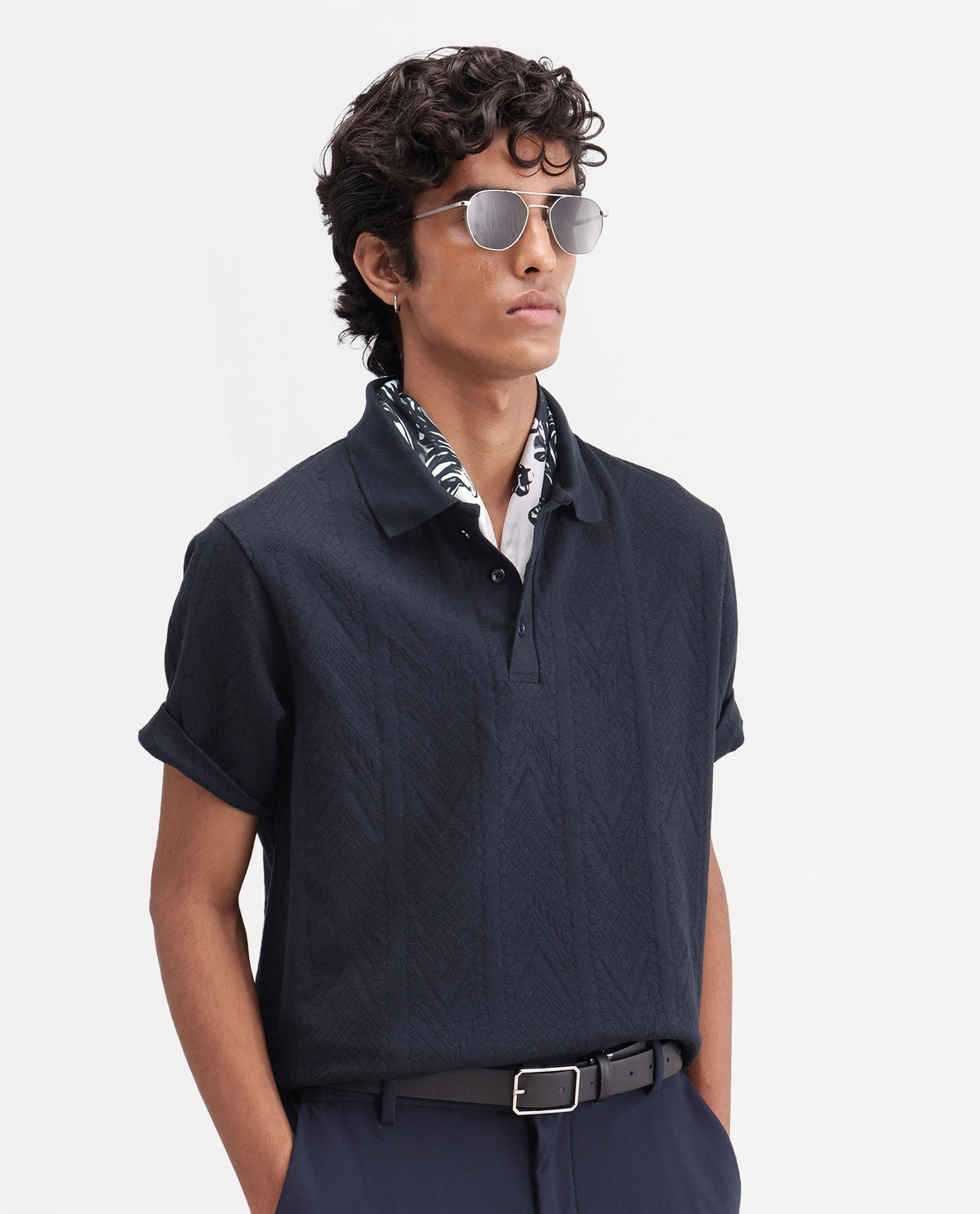 Rare Rabbit Men's Stike Navy Cotton Blend Spread Collar Regular Jacquard Polo