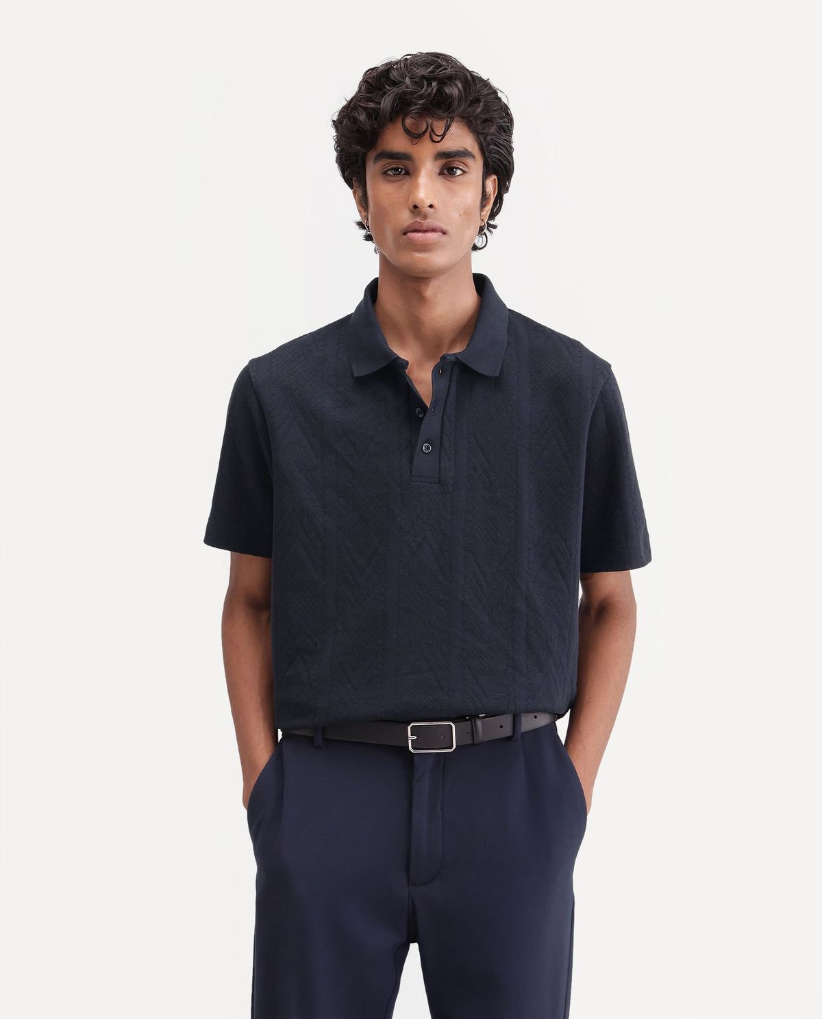 Rare Rabbit Men's Stike Navy Cotton Blend Spread Collar Regular Jacquard Polo