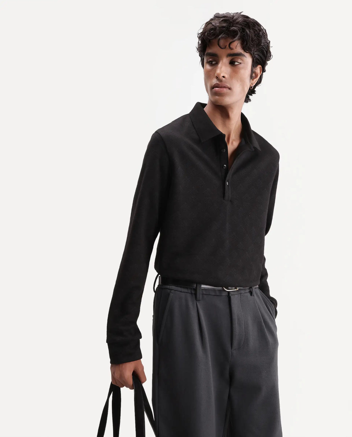 Rare Rabbit Men's Swar Black Polyester Blend Spread Collar Regular Jacquard Polo