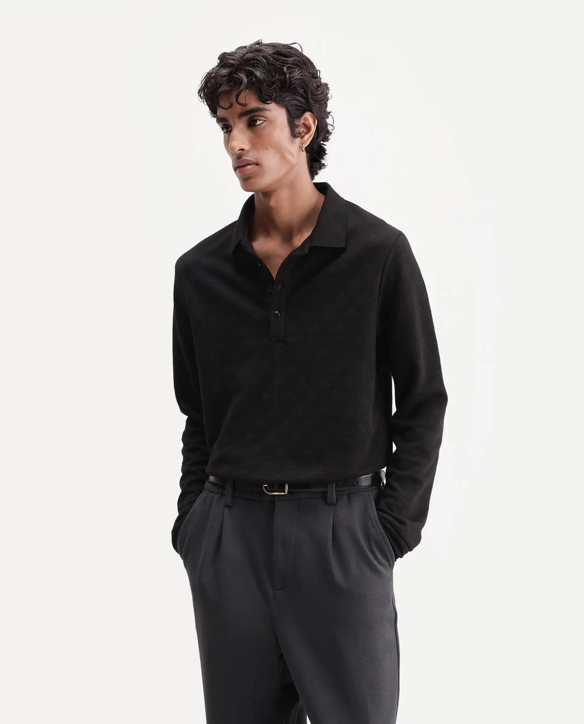 Rare Rabbit Men's Swar Black Polyester Blend Spread Collar Regular Jacquard Polo