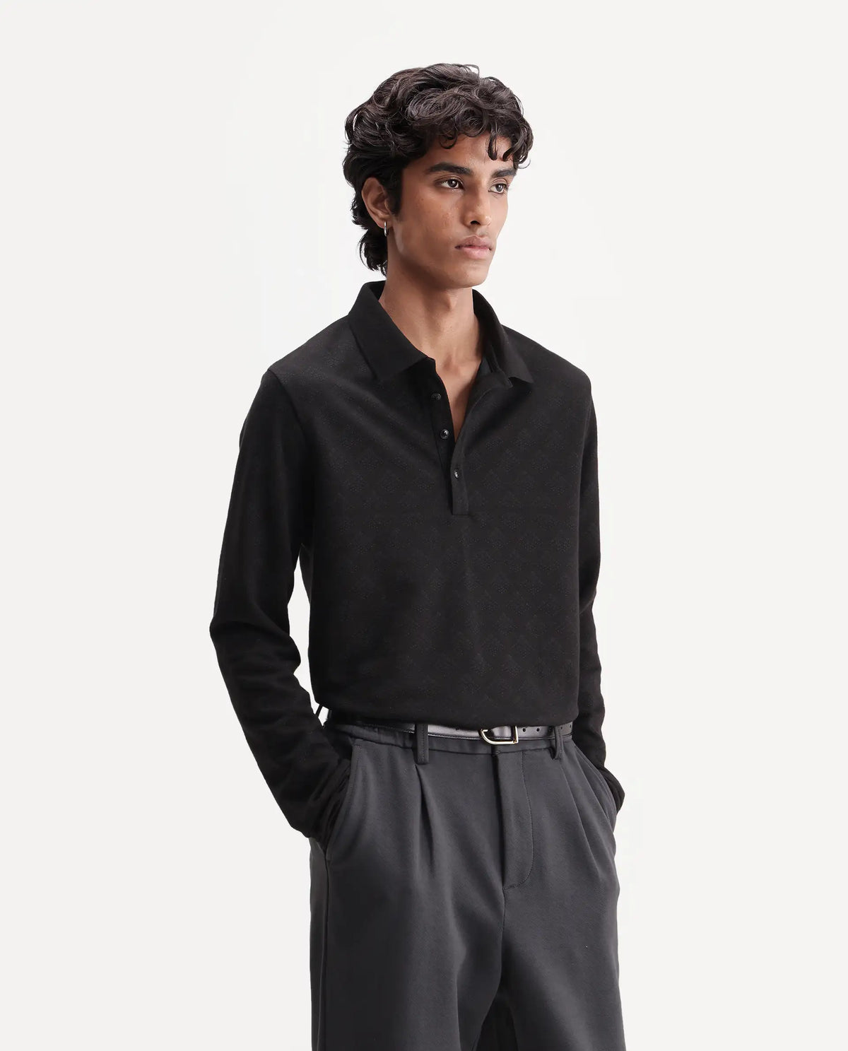 Rare Rabbit Men's Swar Black Polyester Blend Spread Collar Regular Jacquard Polo