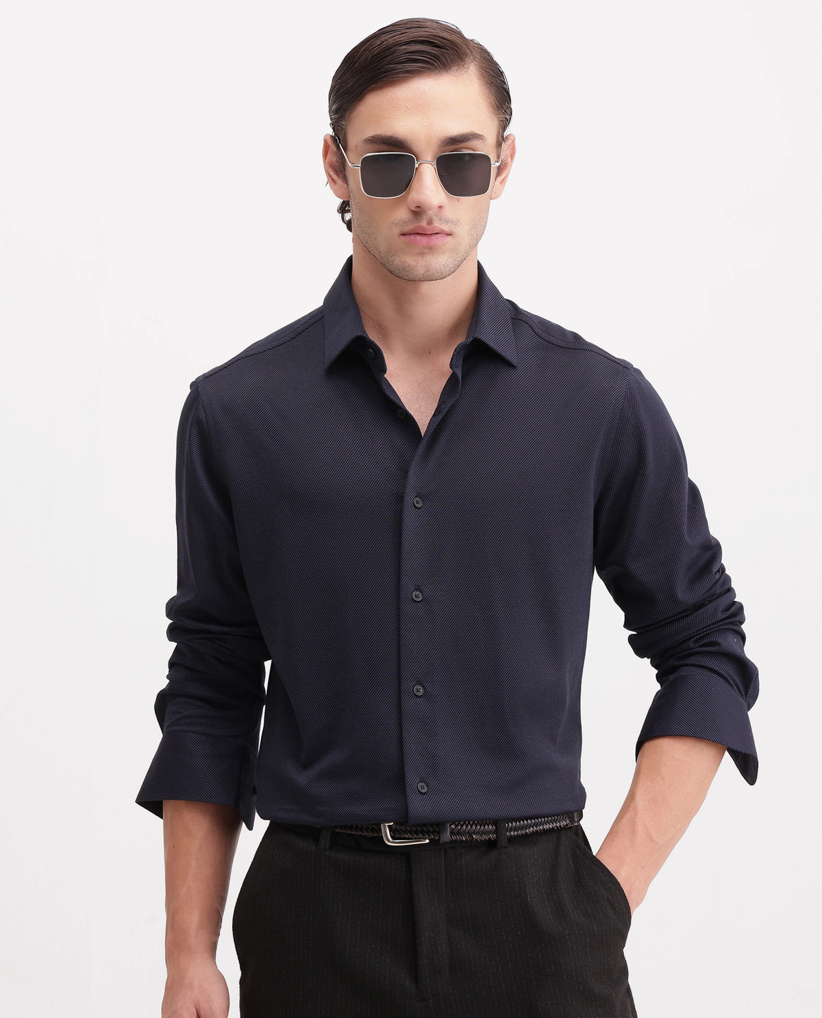 Rare Rabbit Men's Torq Black Cotton Blend Button Regular Fit Plain Shirt
