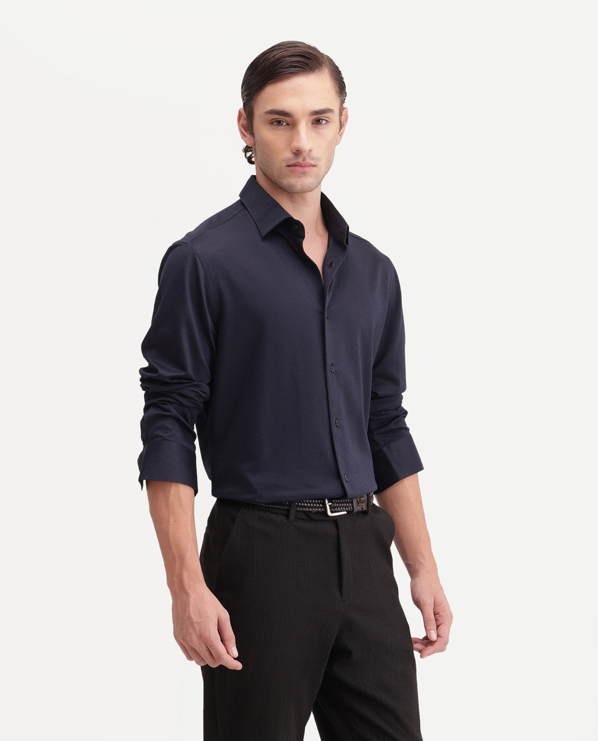 Rare Rabbit Men's Torq Black Cotton Blend Button Regular Fit Plain Shirt