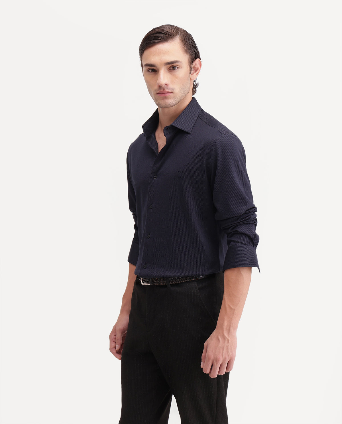 Rare Rabbit Men's Torq Black Cotton Blend Button Regular Fit Plain Shirt