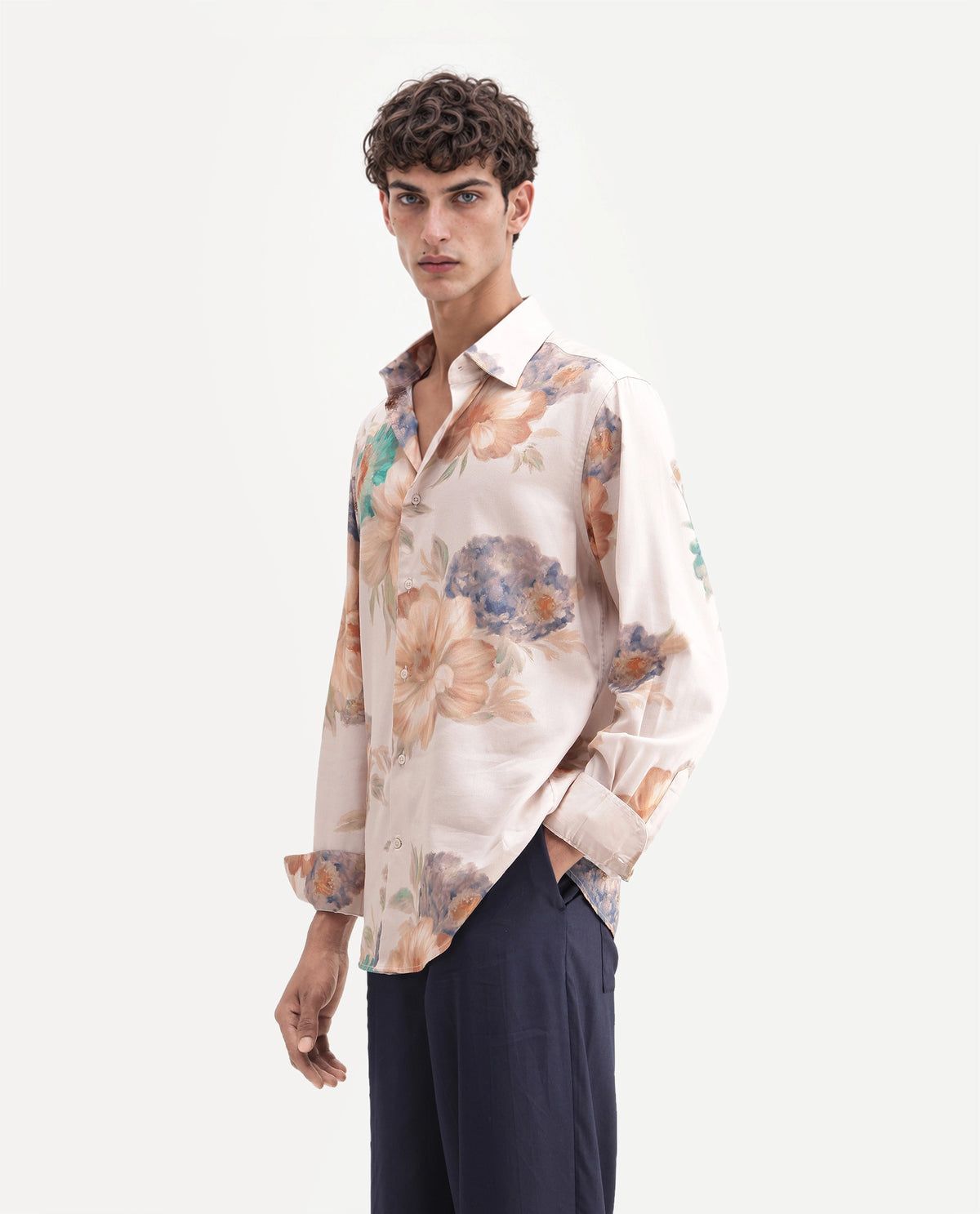Rare Rabbit Men's Rime Dusky Beige Cotton Blend Button Regular Fit Floral Print Shirt
