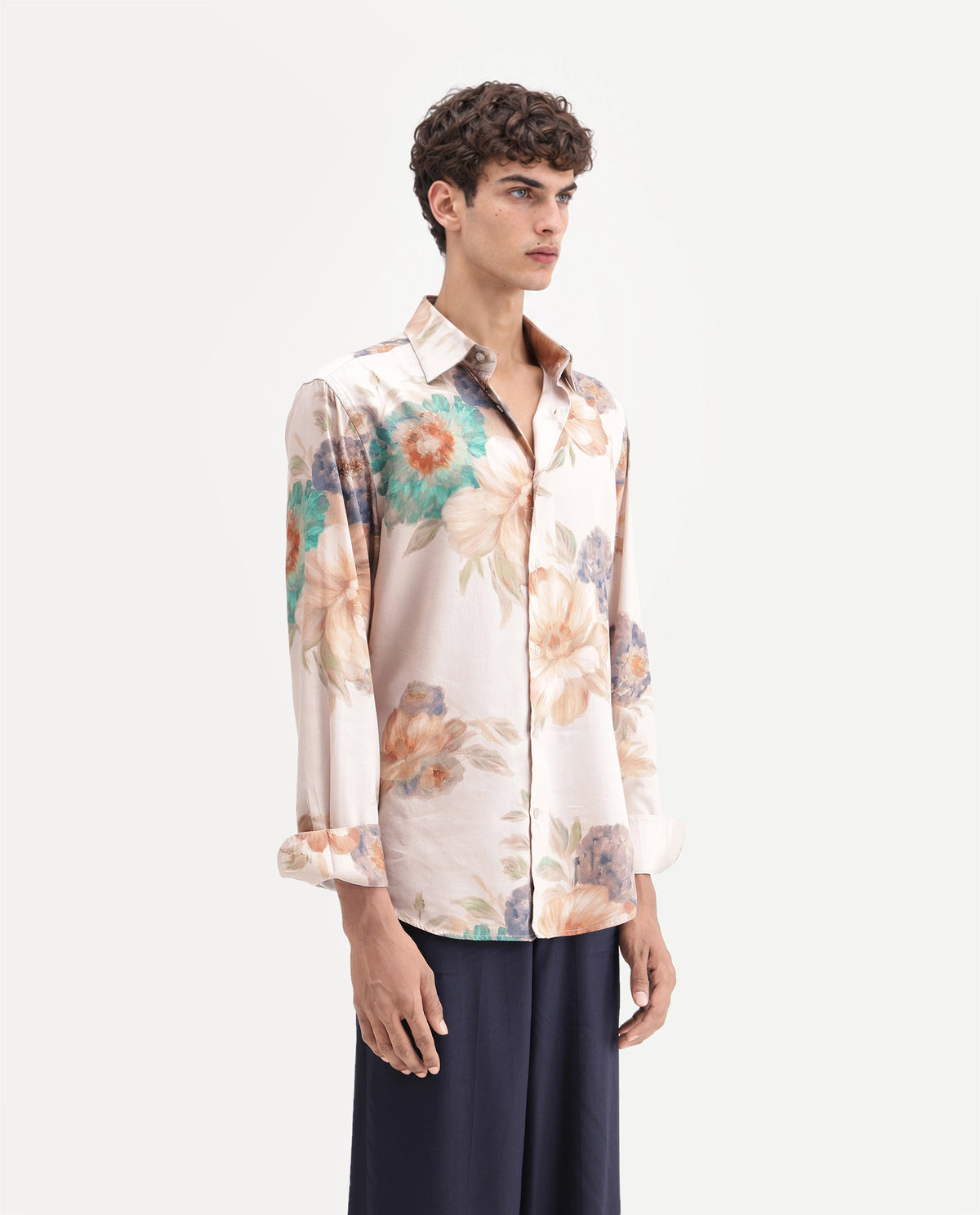 Rare Rabbit Men's Rime Dusky Beige Cotton Blend Button Regular Fit Floral Print Shirt