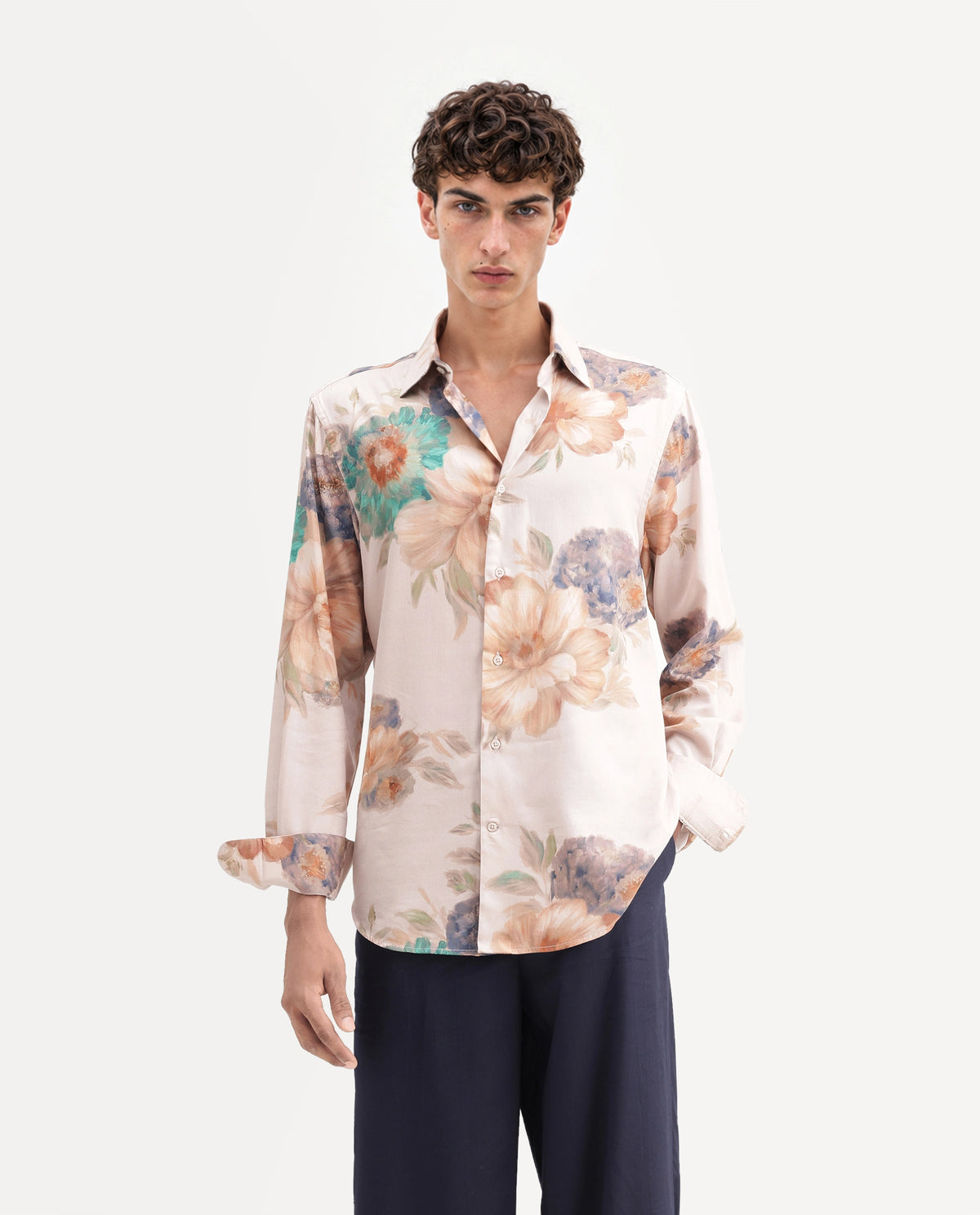 Rare Rabbit Men's Rime Dusky Beige Cotton Blend Button Regular Fit Floral Print Shirt