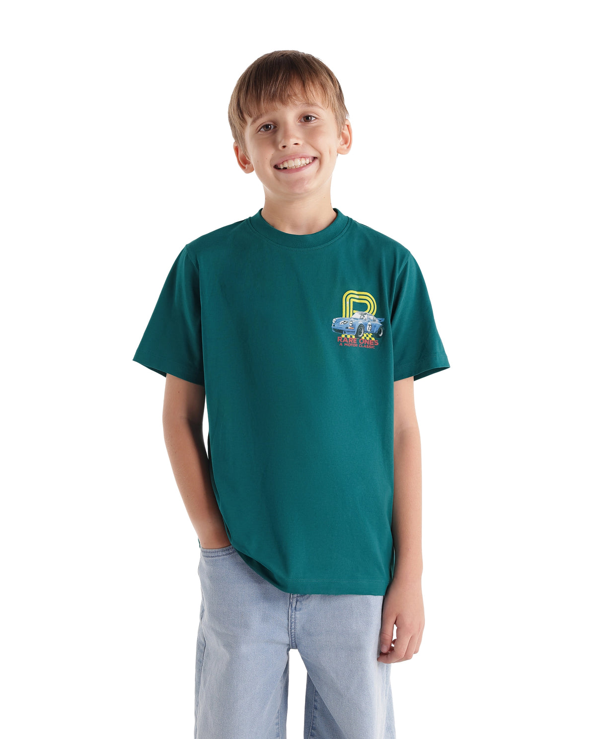 Rare Ones Kids Caroz Dark Teal Cotton Blend Fabric Pull-On Regular Fit Graphic Print T-Shirt