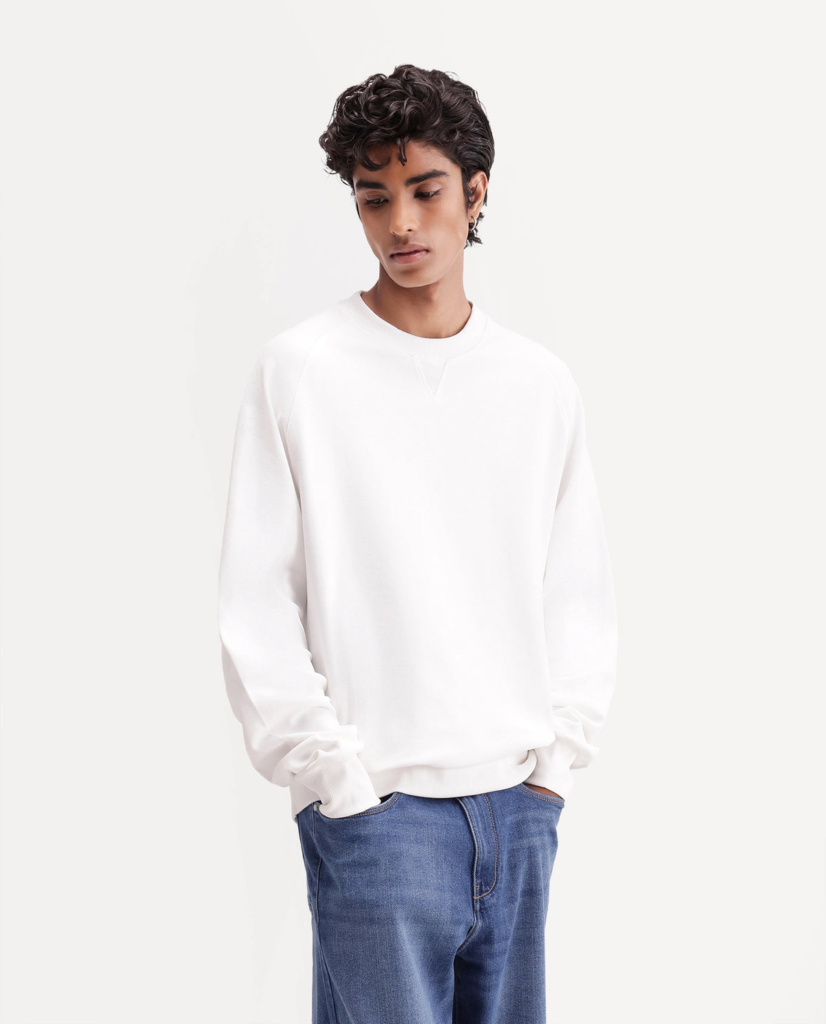 Rare Rabbit Men's Nabro Primary White Cotton Blend High Neck Regular Plain Sweatshirt