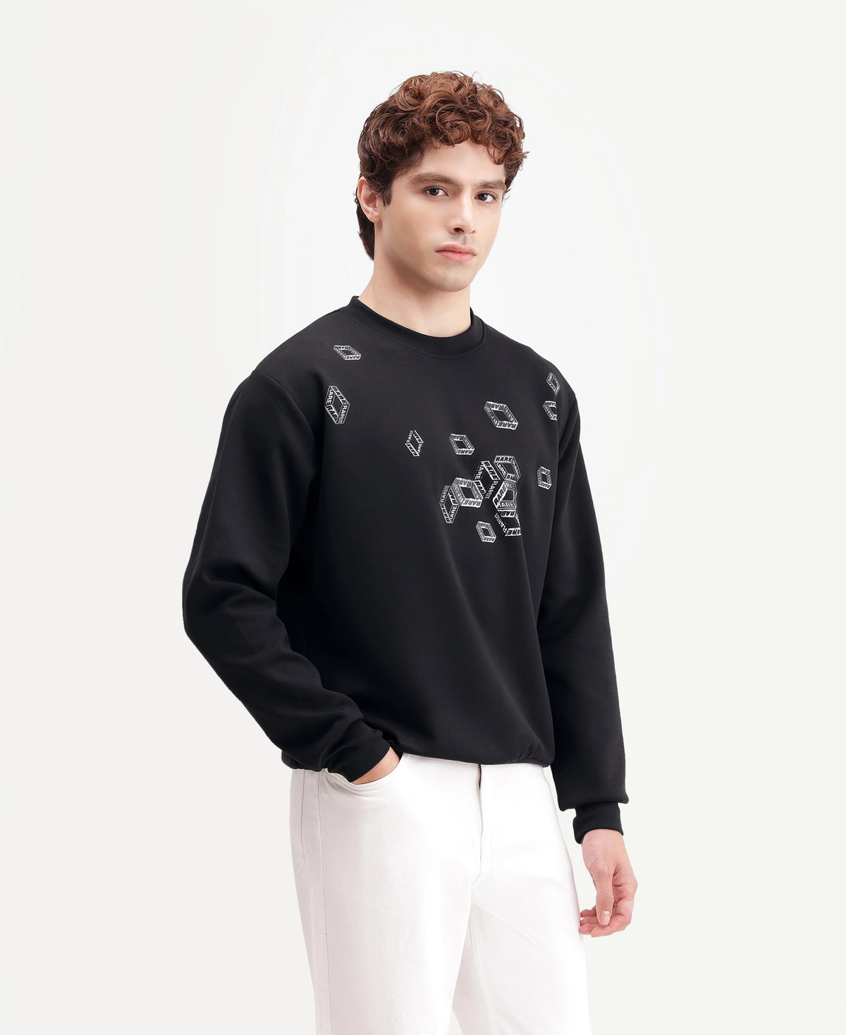 Rare Rabbit Men's Sped Primary Black Cotton Blend Crew Neck Regular Geometric Print Sweatshirt