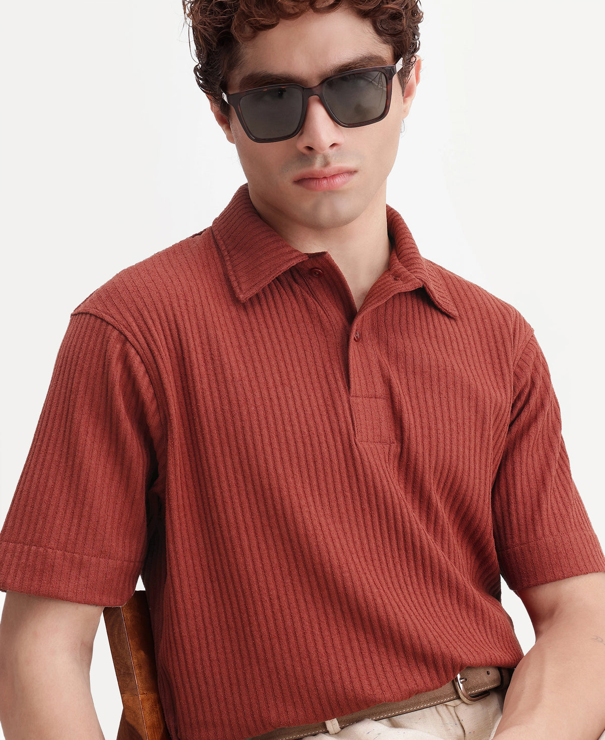 Rare Rabbit Men's Hexx Primary Rust Cotton Blend Spread Collar Regular Plain Polo