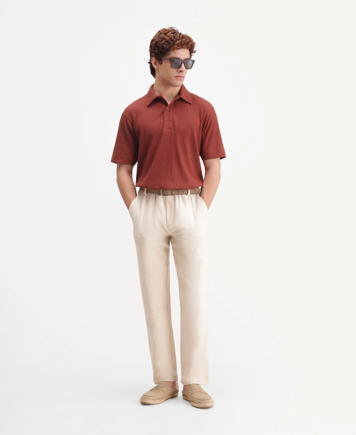 Rare Rabbit Men's Hexx Primary Rust Cotton Blend Spread Collar Regular Plain Polo