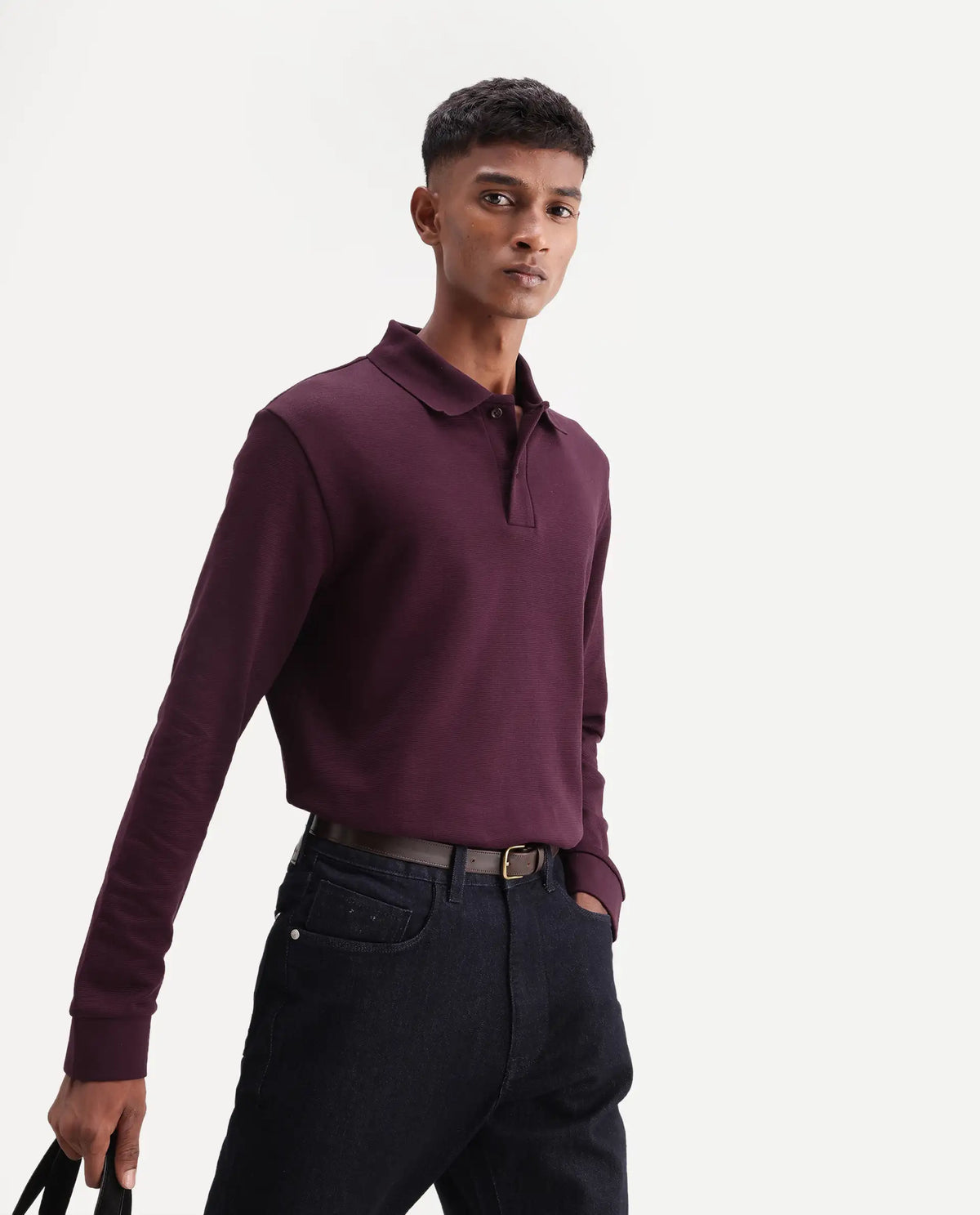 Rare Rabbit Men's Niue Dark Maroon Cotton Blend Spread Collar Regular Plain Polo