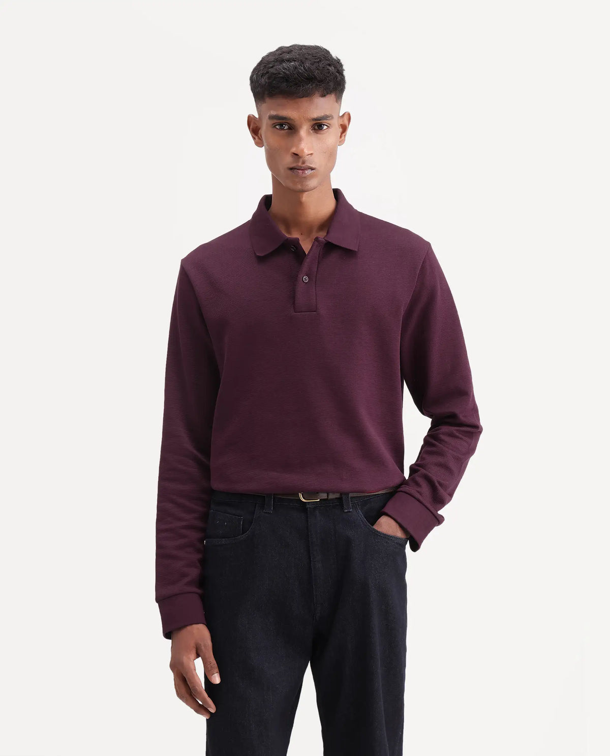 Rare Rabbit Men's Niue Dark Maroon Cotton Blend Spread Collar Regular Plain Polo