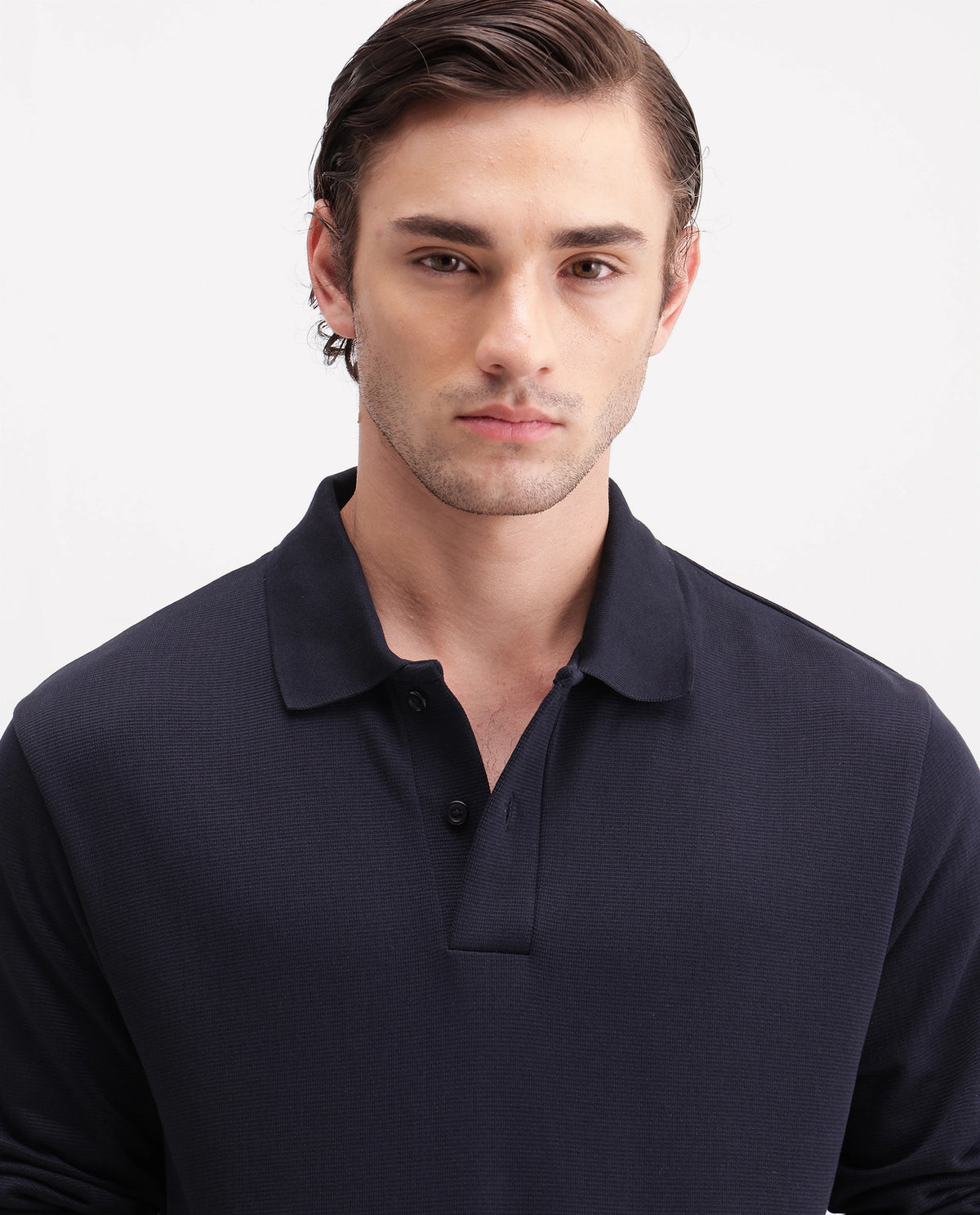 Rare Rabbit Men's Niue Dark Navy Cotton Blend Spread Collar Regular Plain Polo