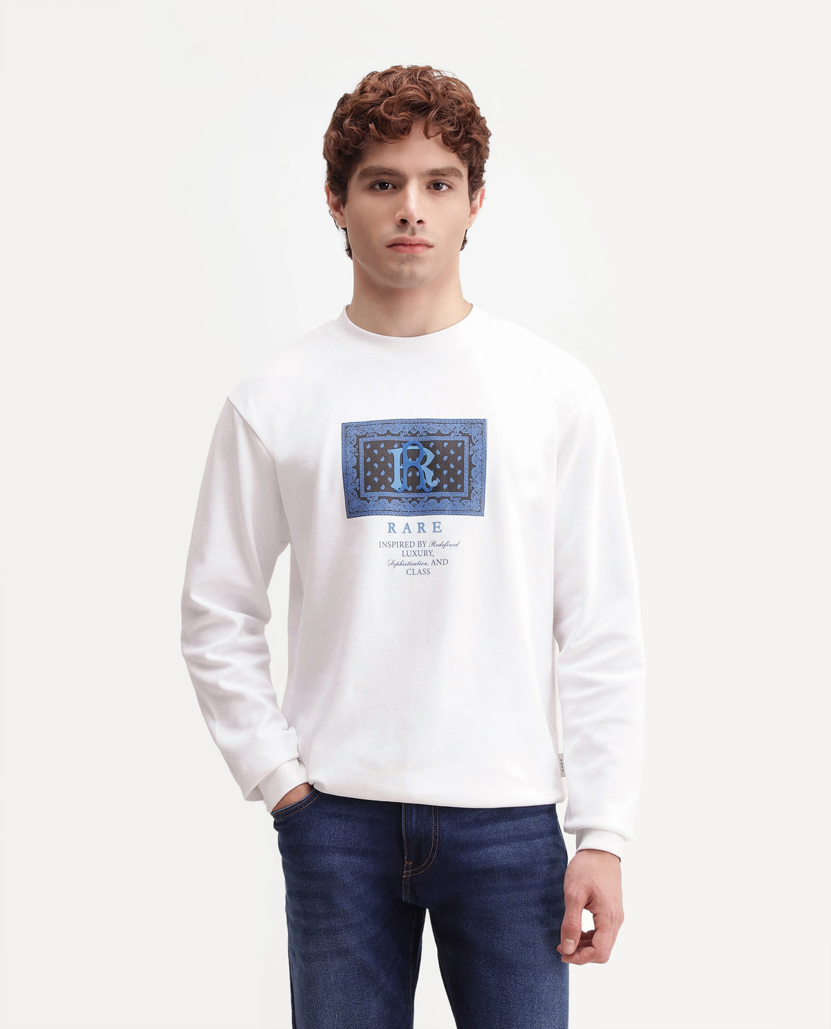 Rare Rabbit Men's Kowa Primary White Cotton Blend Crew Neck Regular Graphic Print Sweatshirt