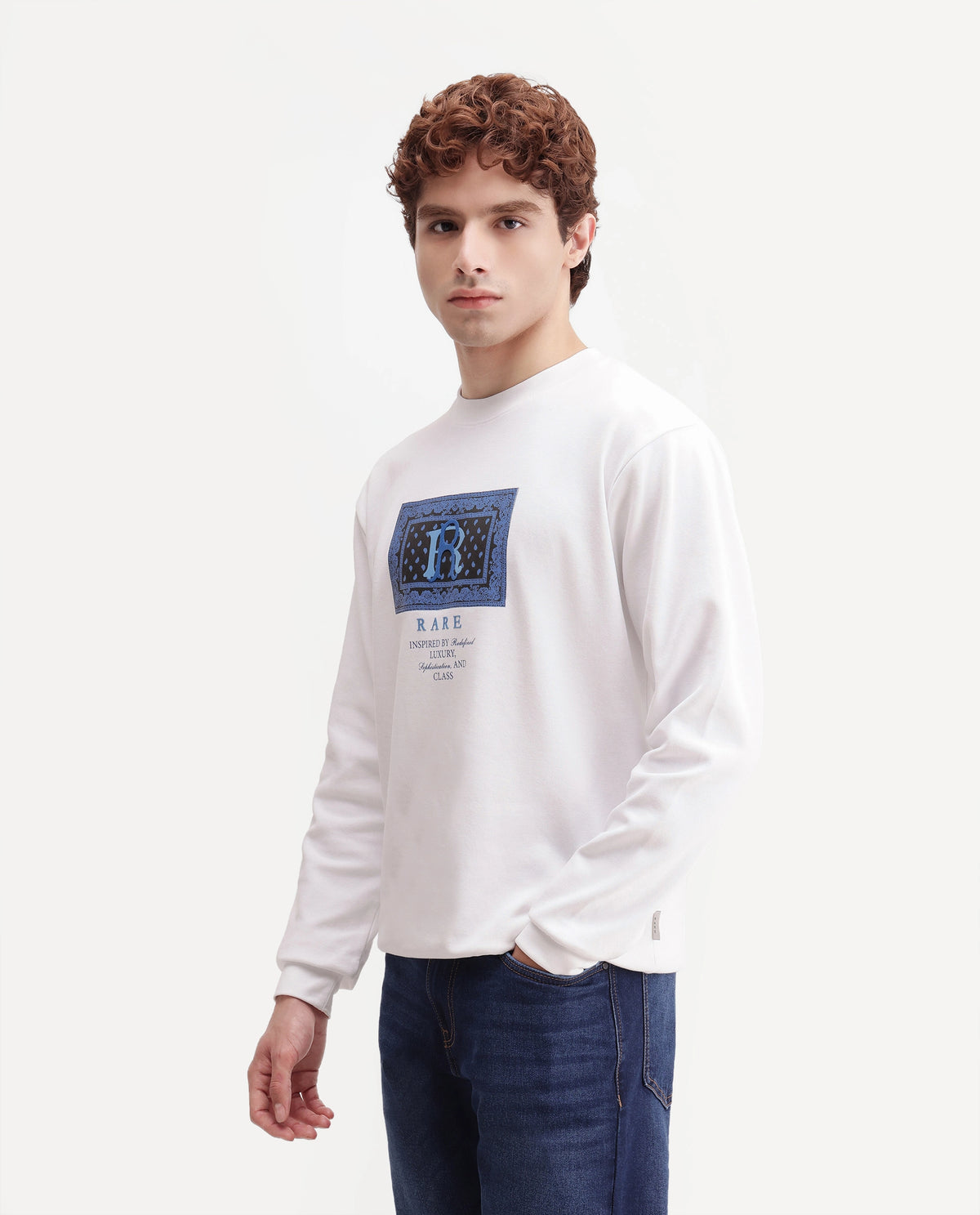 Rare Rabbit Men's Kowa Primary White Cotton Blend Crew Neck Regular Graphic Print Sweatshirt