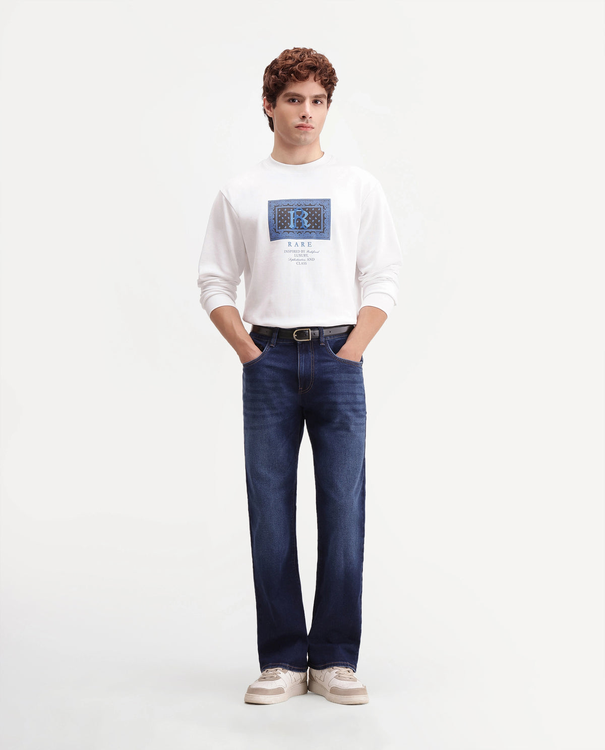 Rare Rabbit Men's Kowa Primary White Cotton Blend Crew Neck Regular Graphic Print Sweatshirt