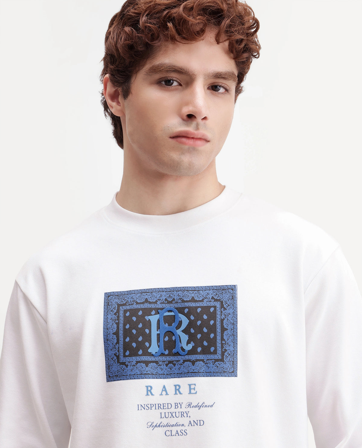 Rare Rabbit Men's Kowa Primary White Cotton Blend Crew Neck Regular Graphic Print Sweatshirt