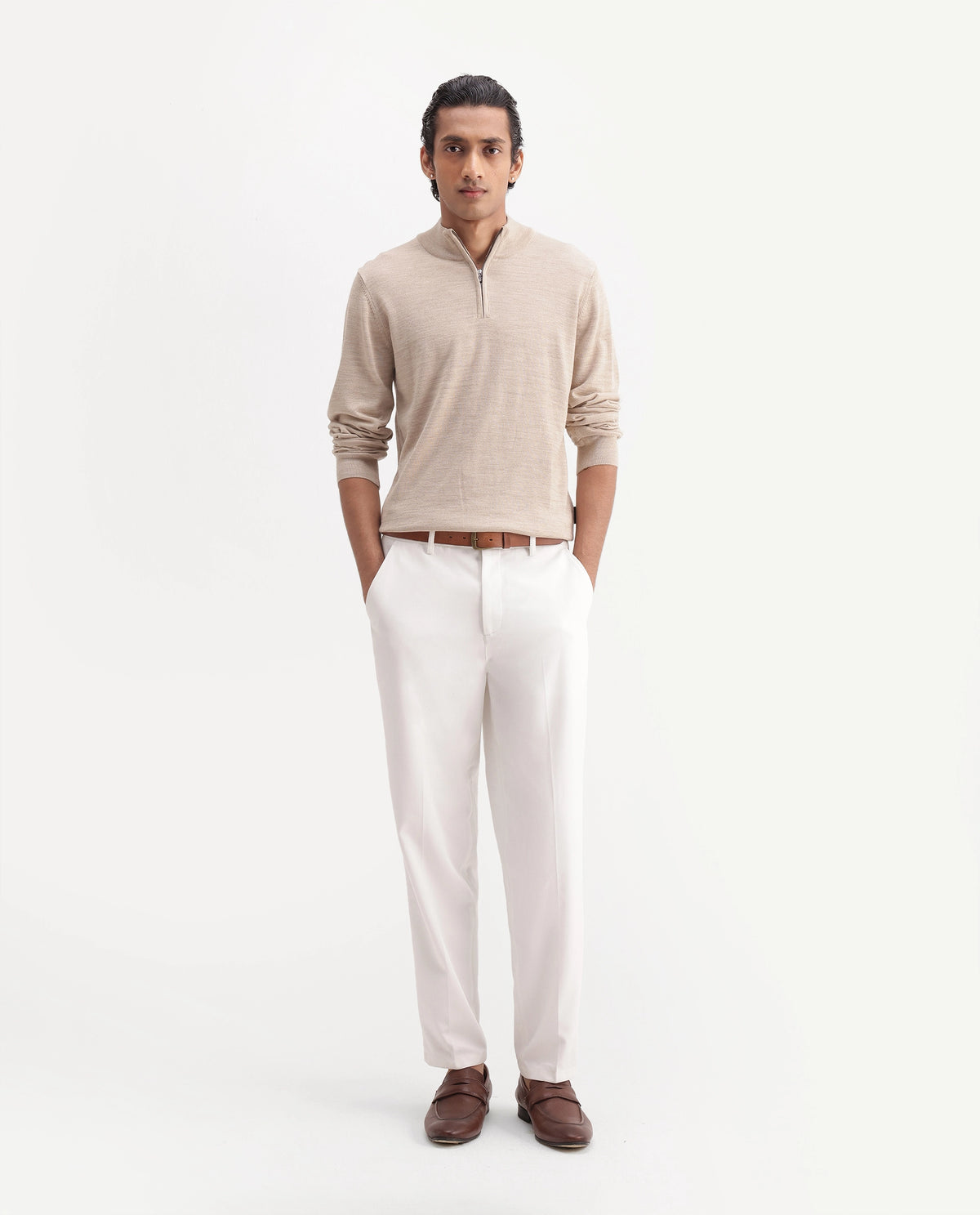 Rare Rabbit Men's Lext Primary White Polyester Blend Regular Plain Trouser