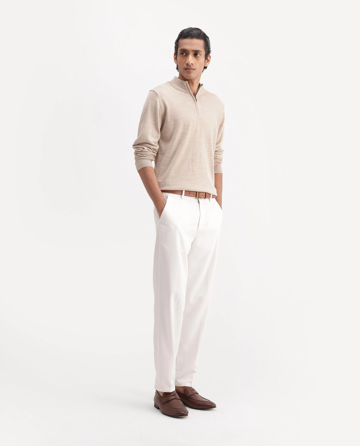 Rare Rabbit Men's Lext Primary White Polyester Blend Regular Plain Trouser