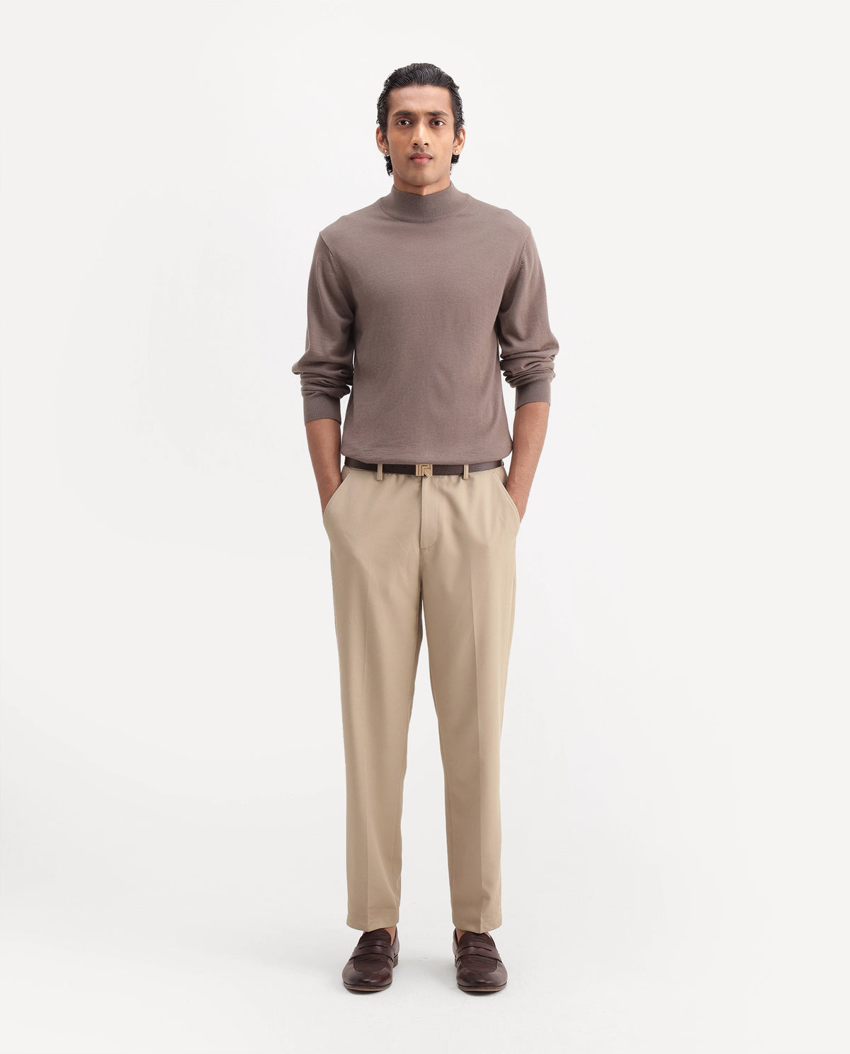 Rare Rabbit Men's Lext Primary Beige Polyester Blend Regular Plain Trouser